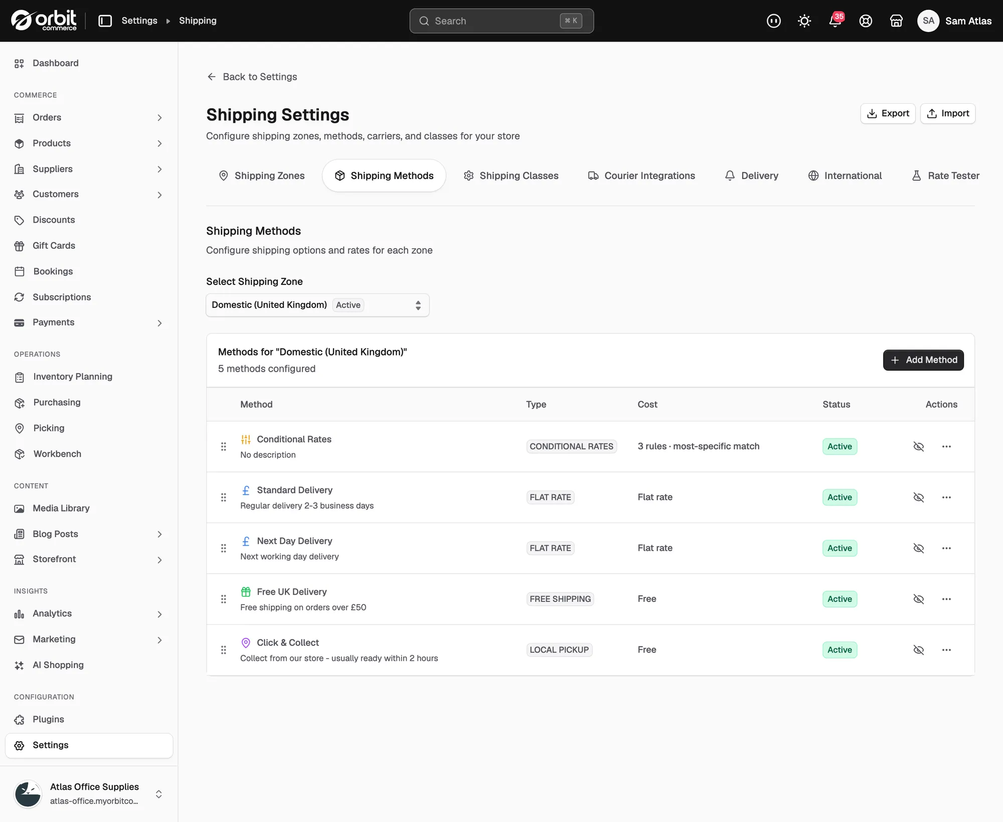 The Shipping Methods tab for the Domestic zone, with a Local Pickup method in the list.