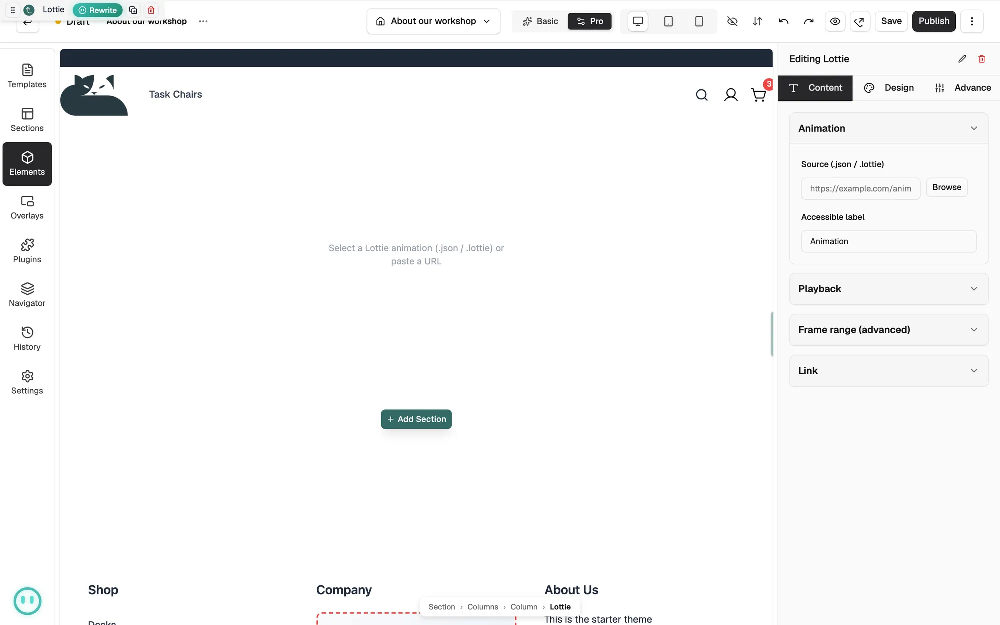 A Lottie element waiting for a file, with the Animation and Playback settings on the right.