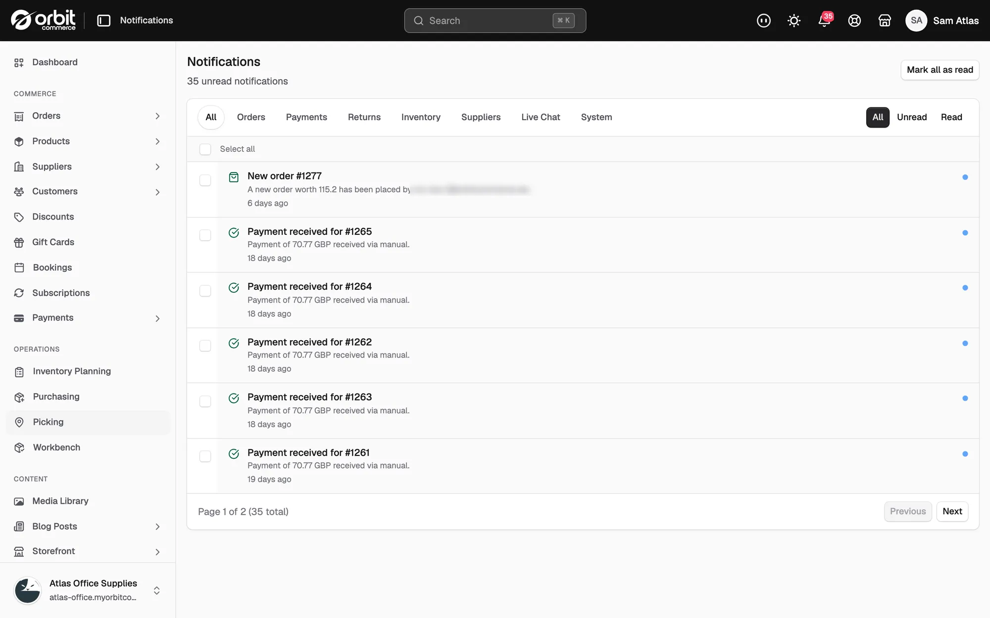 The Notifications page with its area tabs and the unread count above the list.