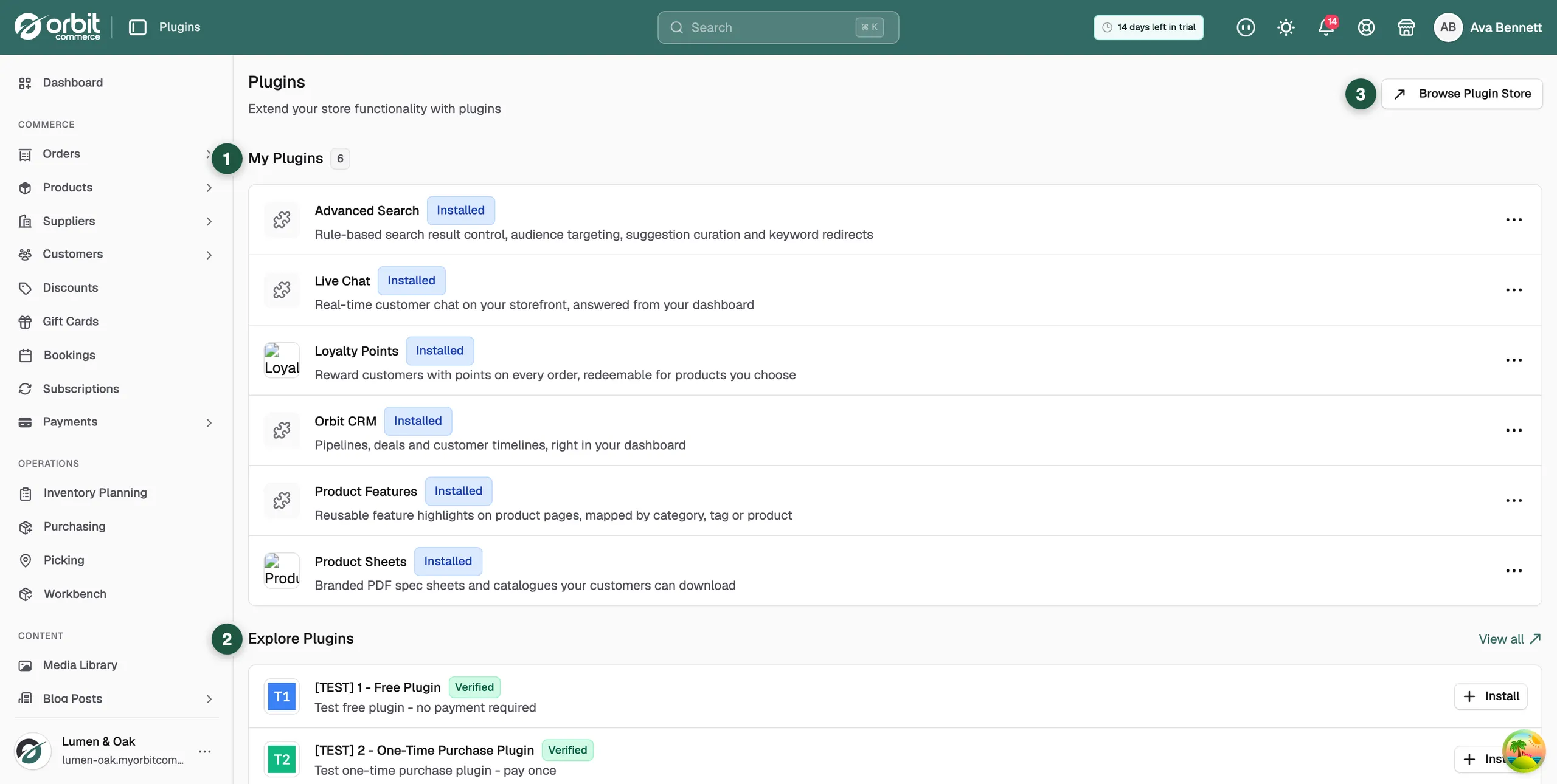 The Plugins page, showing the My Plugins list, the Explore Plugins list and the Browse Plugin Store button