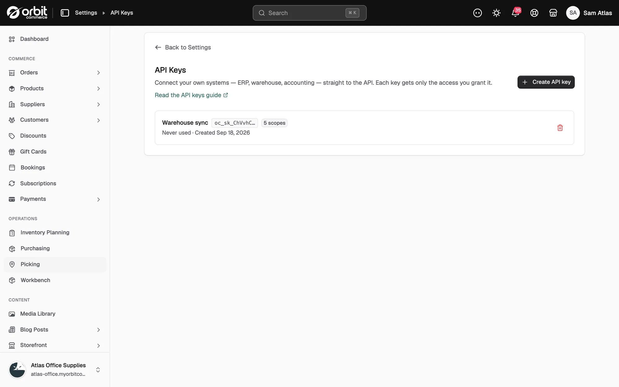 The API Keys page with one key, Warehouse sync, showing its prefix, scope count and creation date.