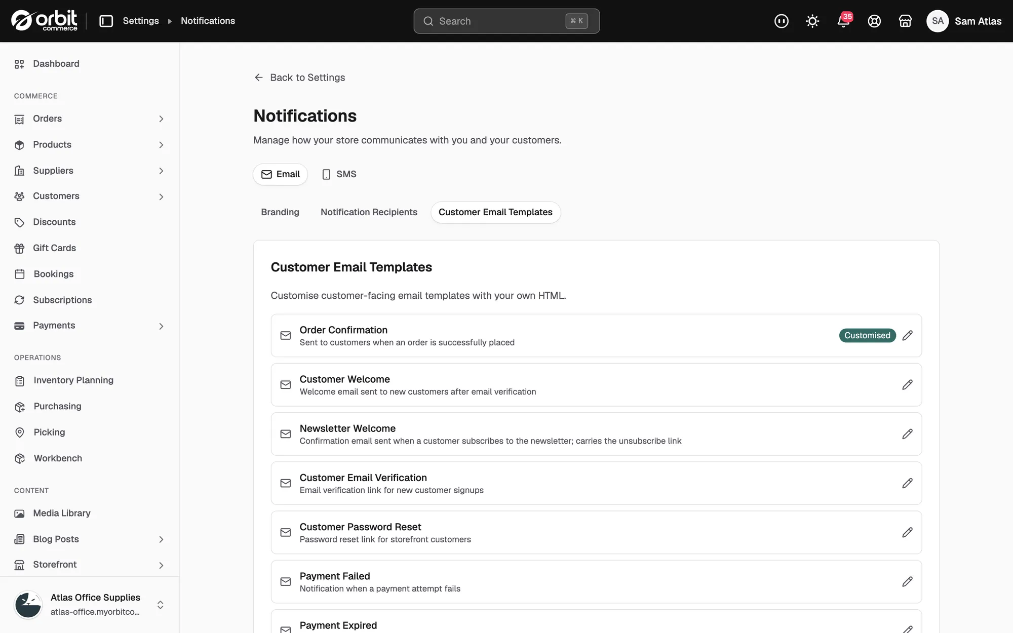 The Customer Email Templates tab with the pencil icon on the Order Confirmation row.