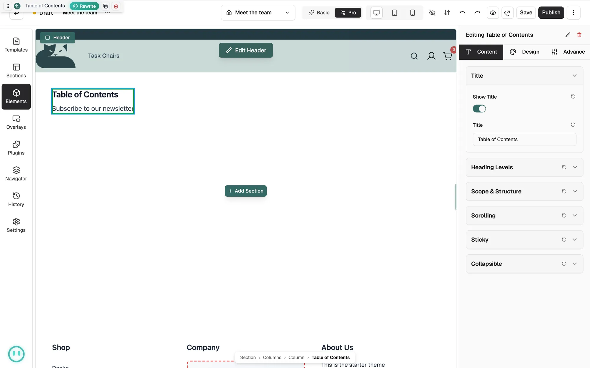 A Table of Contents on the canvas with the Title and Heading Levels groups on the Content tab.