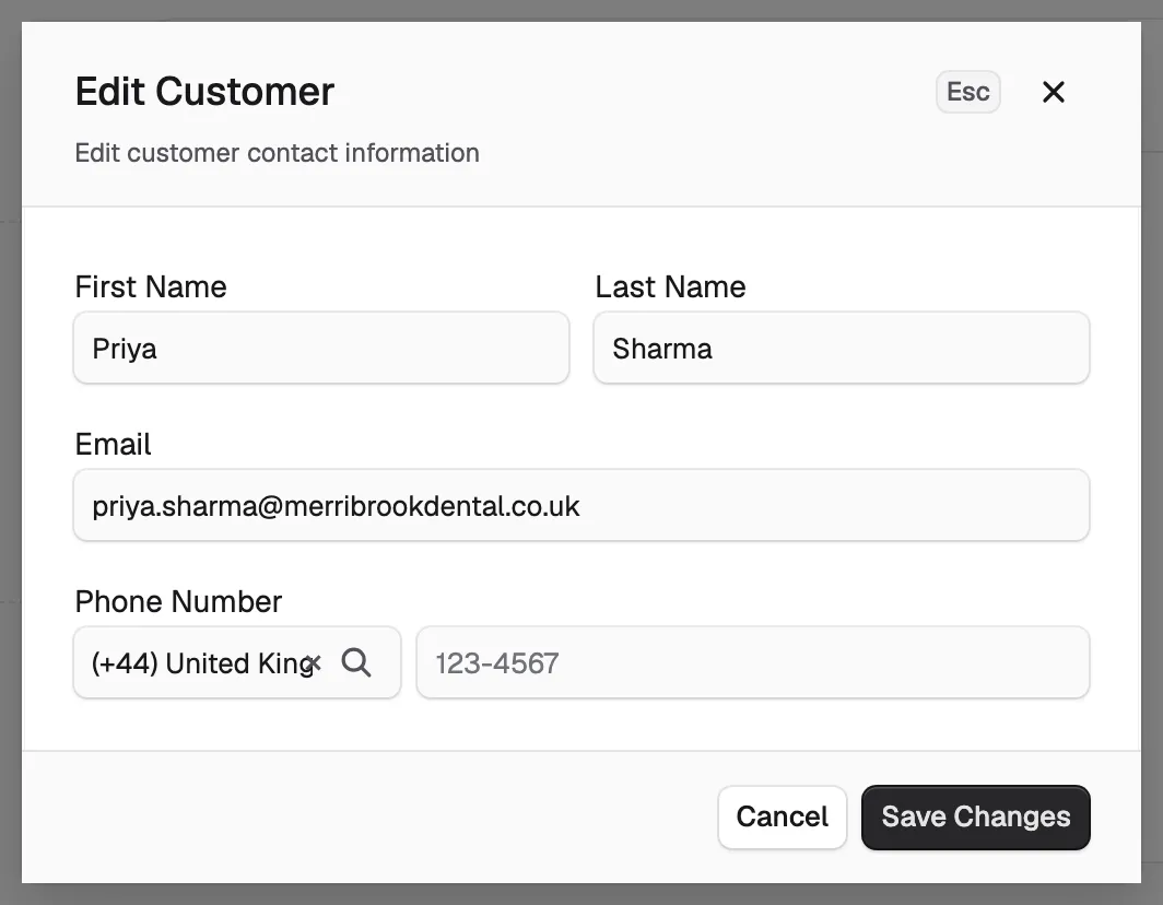 The Edit Customer window with the first name, last name, email and phone number fields.