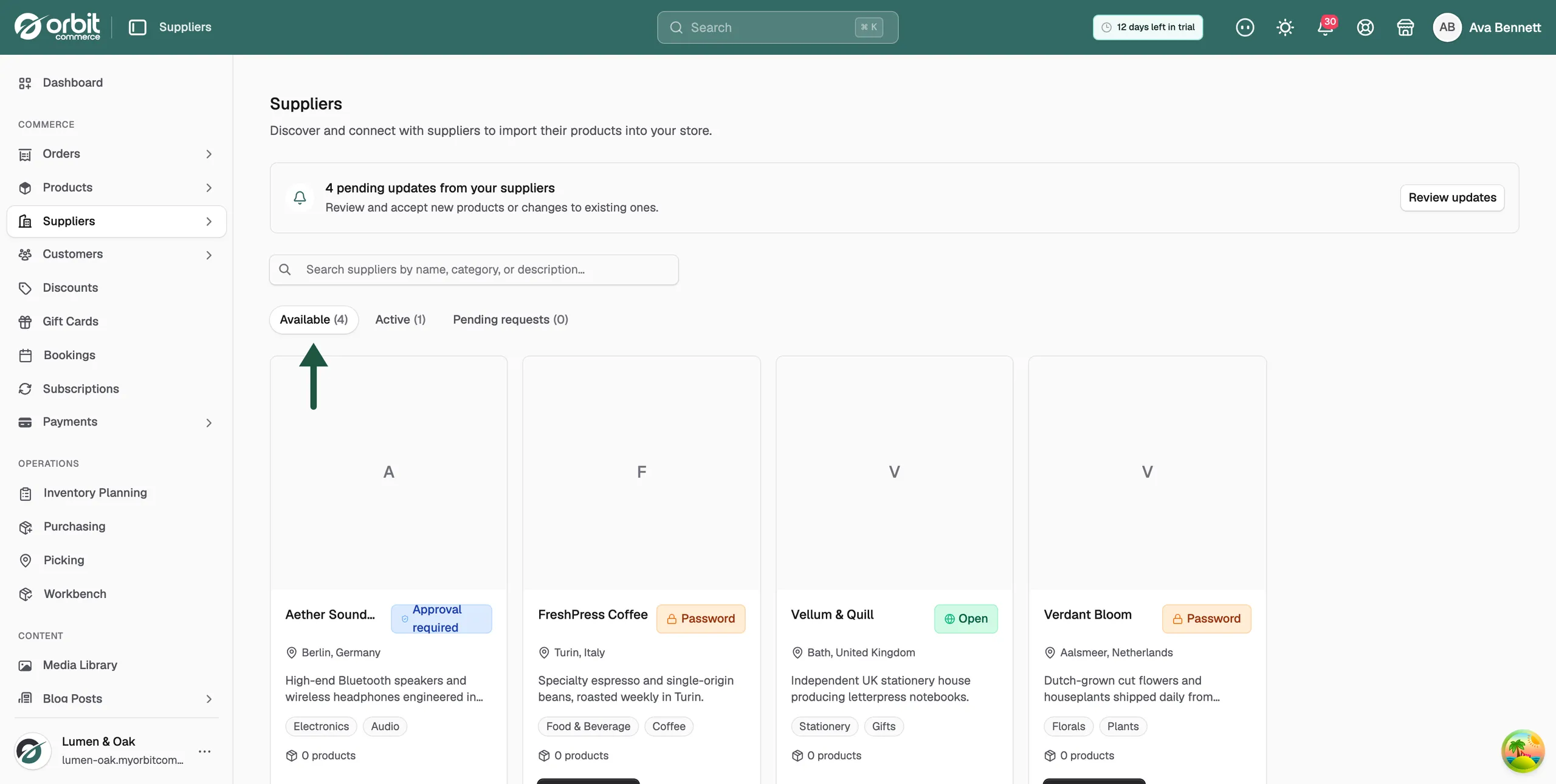 The Suppliers page with the Available, Active and Pending requests tabs above the supplier cards