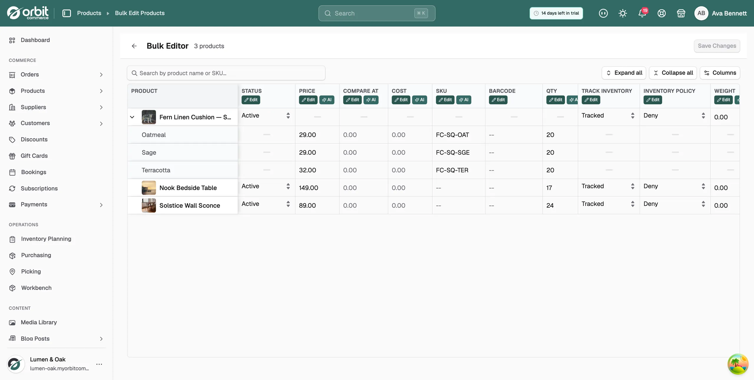 The Bulk Editor grid with three products loaded. Each column heading has an Edit button, and Price, Compare At, Cost, SKU and Qty also have an AI button.