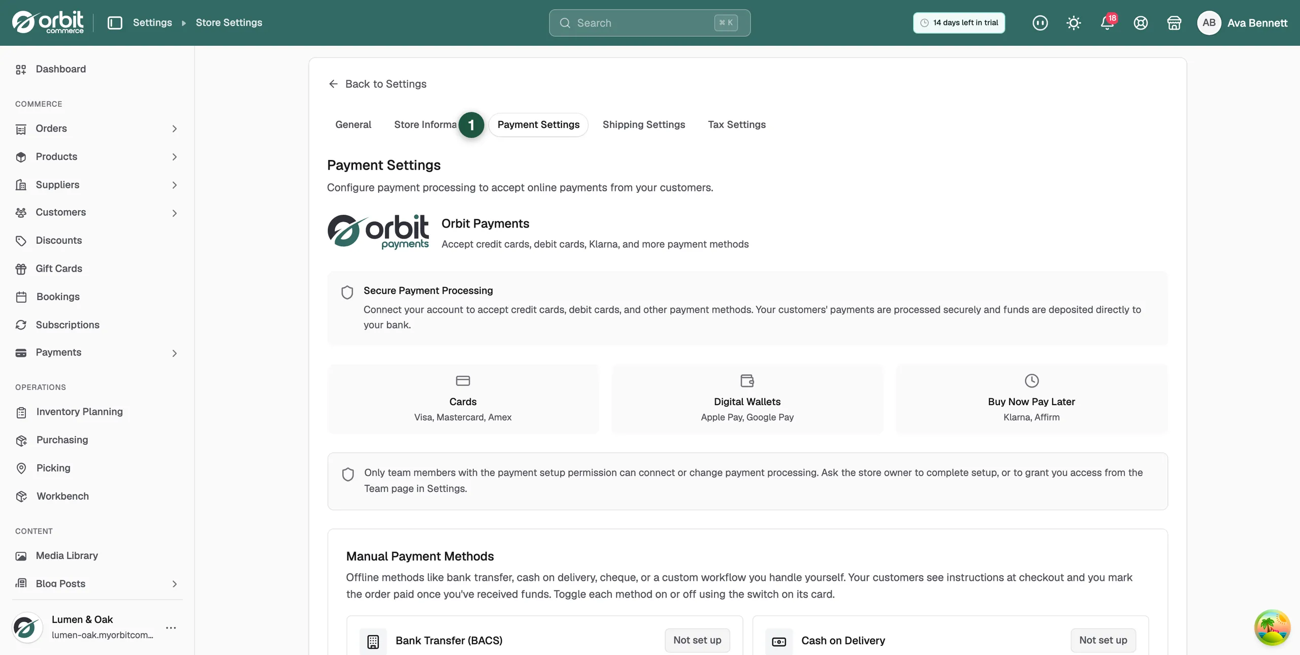 The Payment Settings tab in Store Settings, with the Orbit Payments card at the top