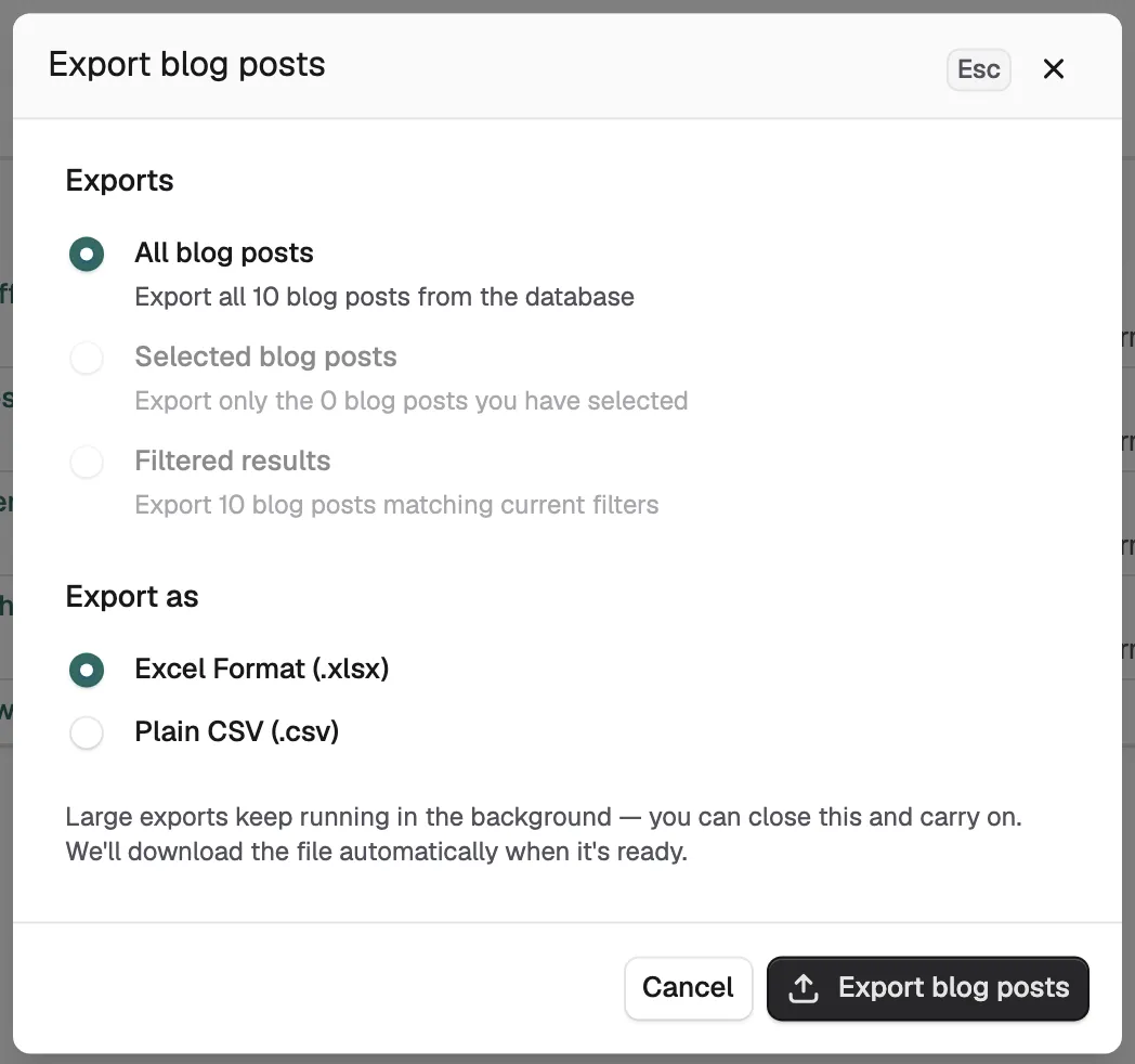 The Export blog posts dialog with the export choices and the Excel and CSV formats.