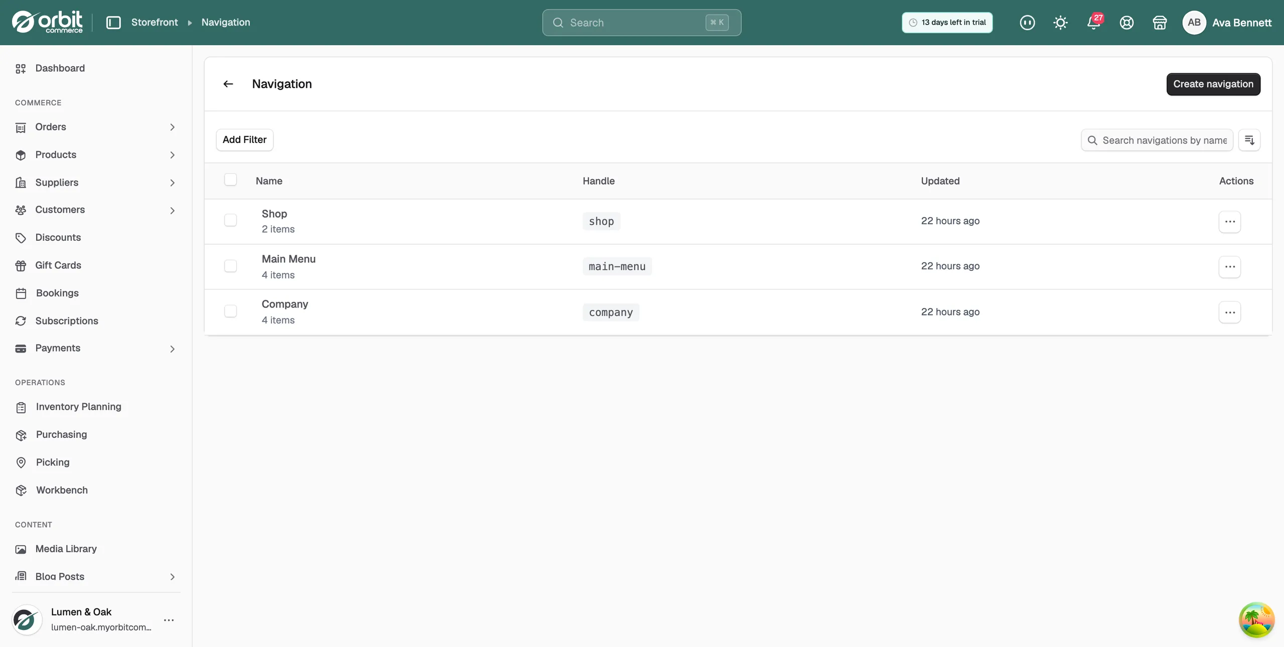 The Navigation list showing three menus with their handles, when they were updated, and an Actions button on each row