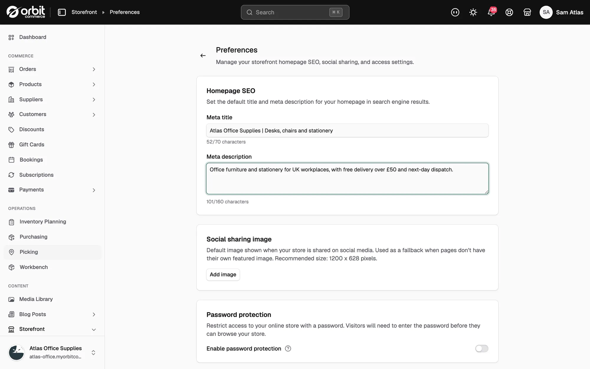 The Preferences page with the Homepage SEO card and the Social sharing image card with its Add image button.
