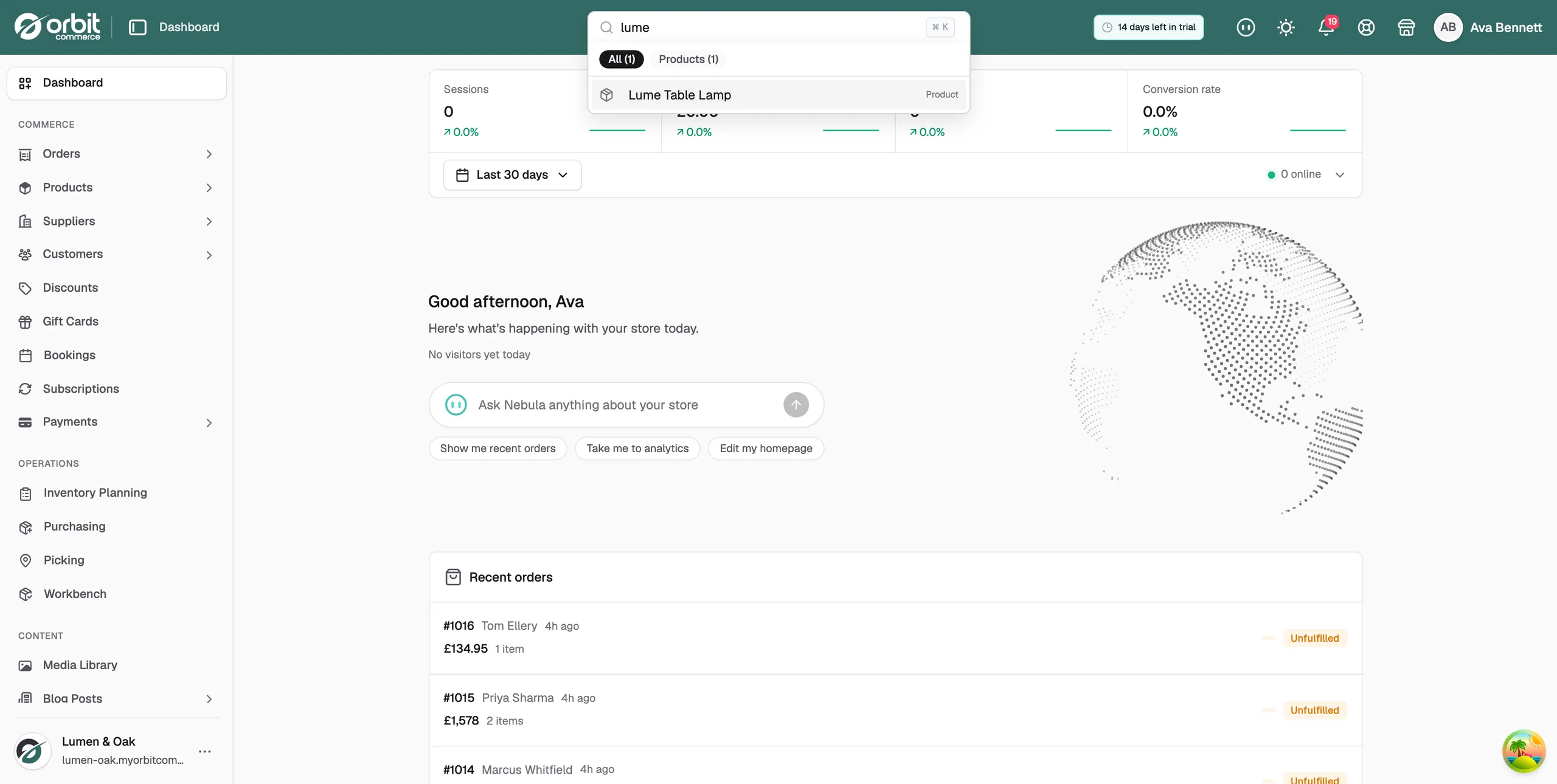 The global search panel, with results grouped by products, orders and customers