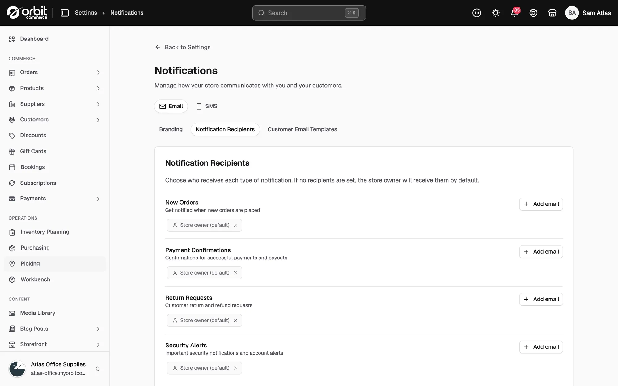 The Notification Recipients tab, with an Add email button beside each type of store alert.