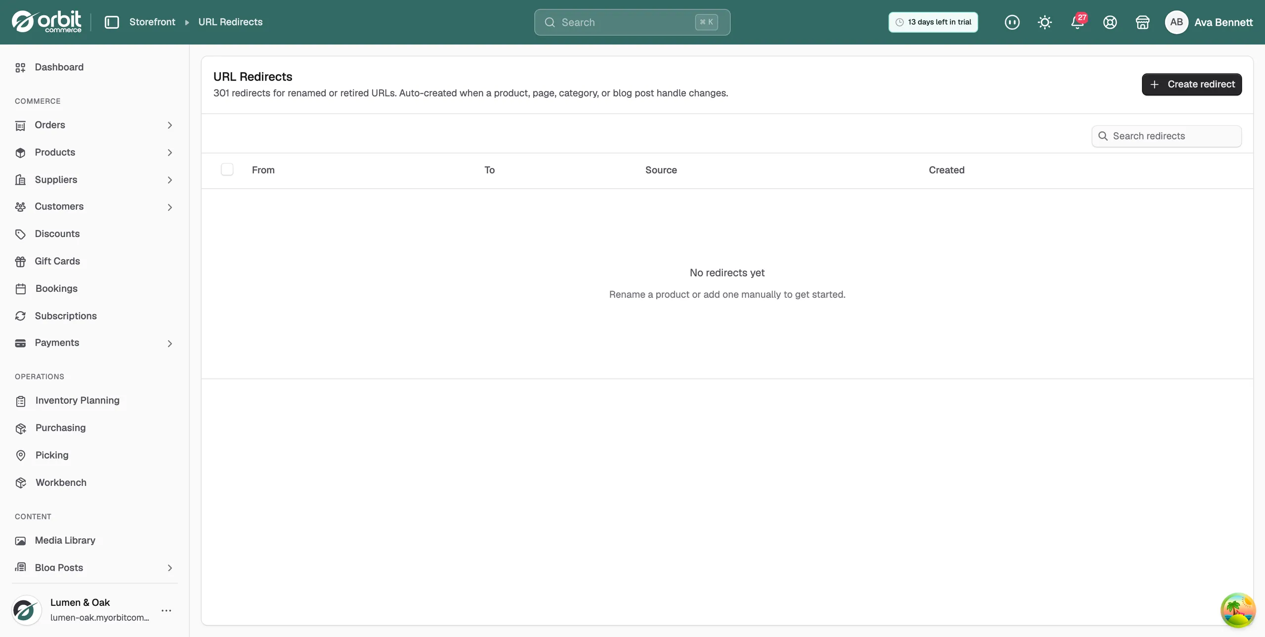 The URL Redirects page in the Orbit dashboard, showing the list of redirects with From, To, Source and Created columns