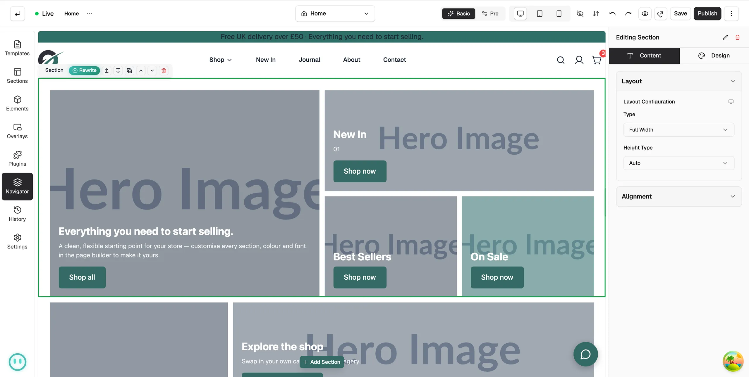 A selected section with its settings panel open on the right of the page builder