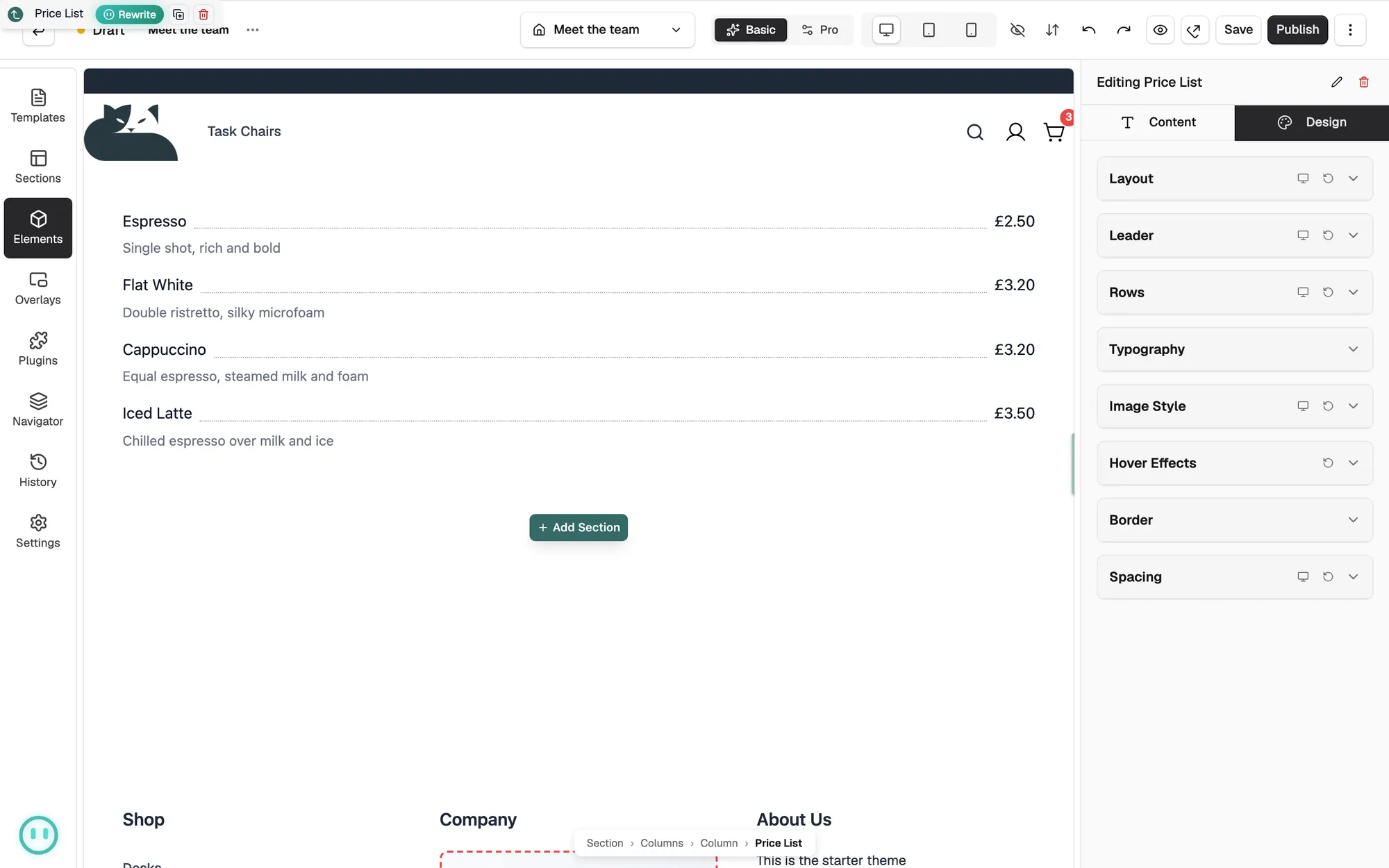 The Design tab for a Price List, showing the Layout, Leader, Rows and Typography groups.