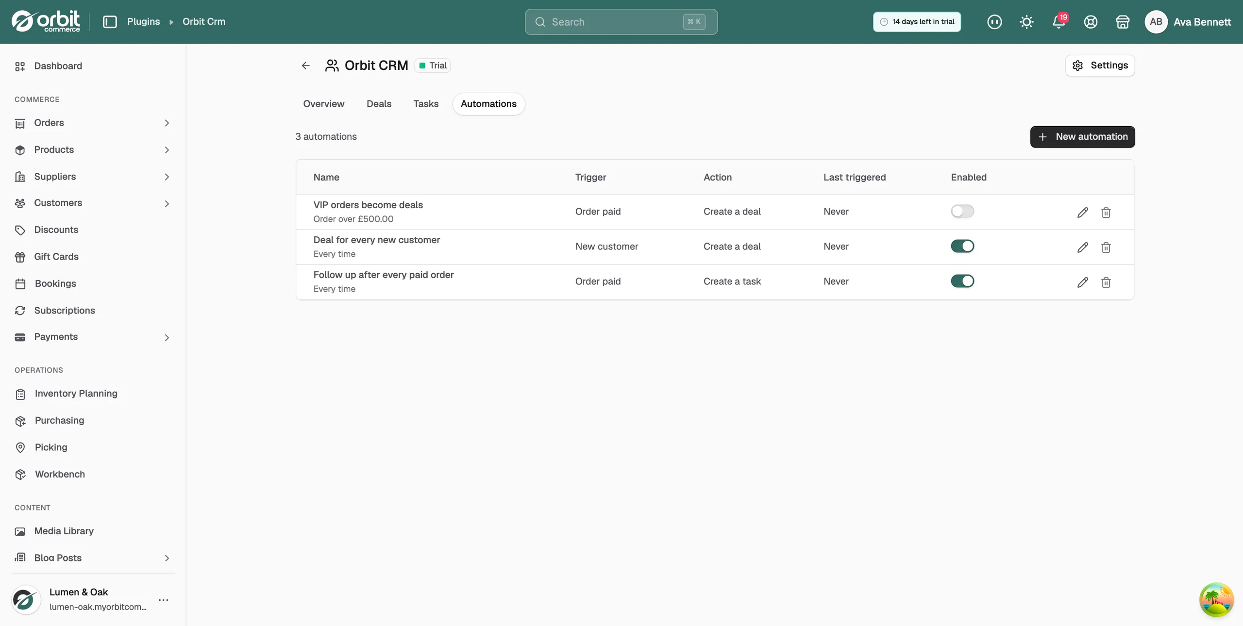 The Automations tab listing each rule with its trigger, action, last triggered time and Enabled switch