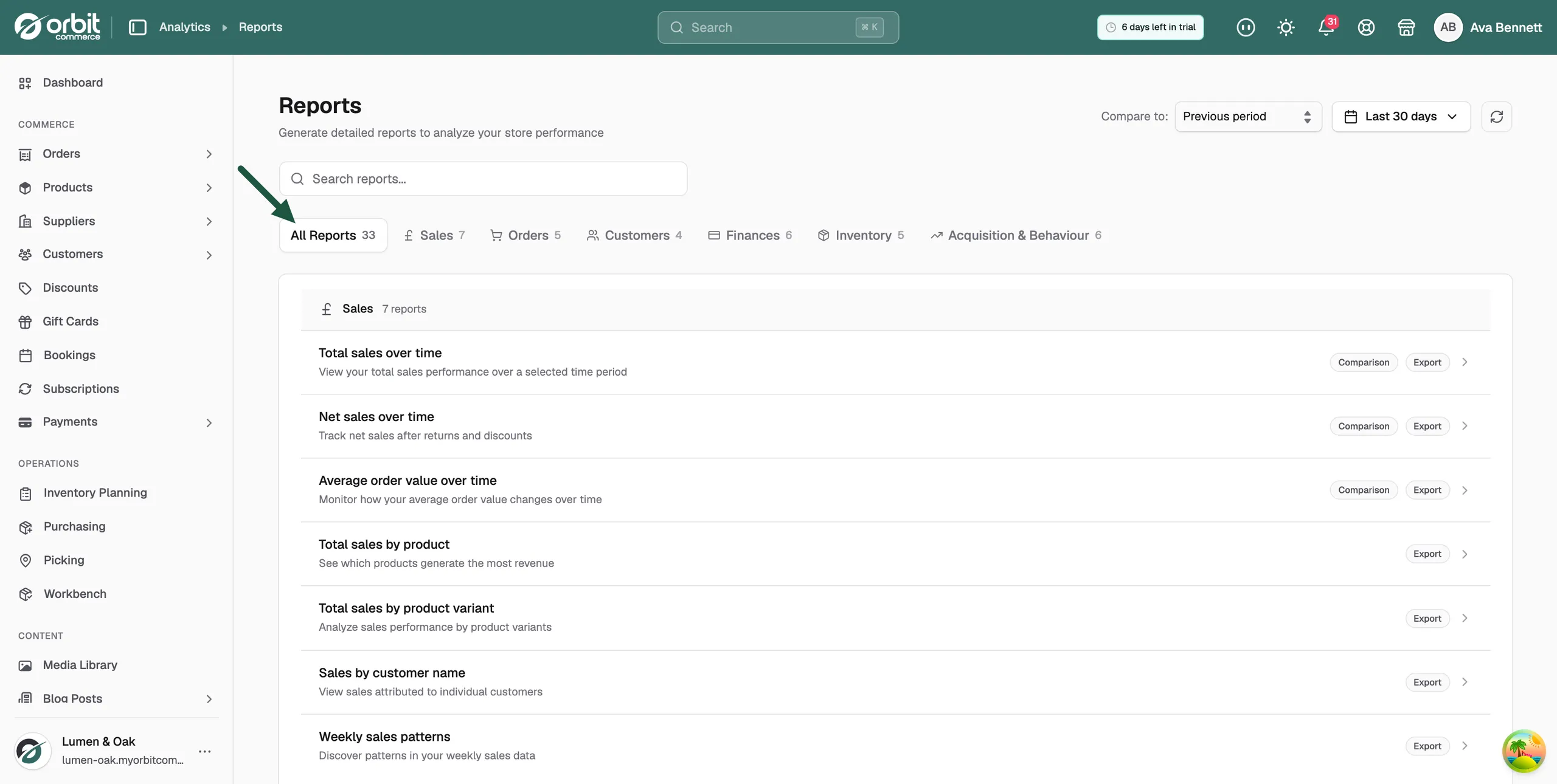 The All Reports tab with reports grouped under category headings, each row showing its name, description and badges