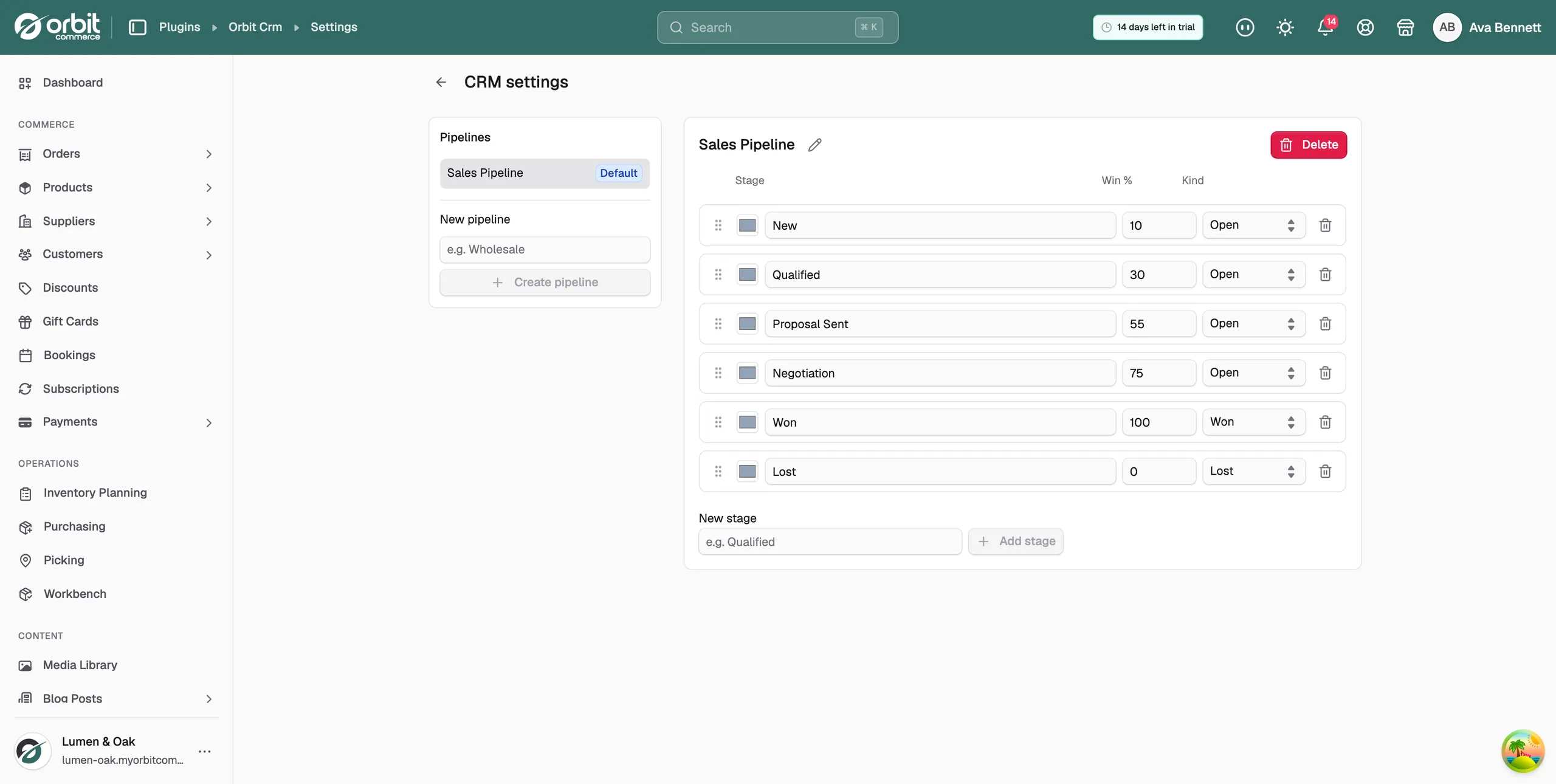 A plugin's Settings page, in this case the Orbit CRM settings