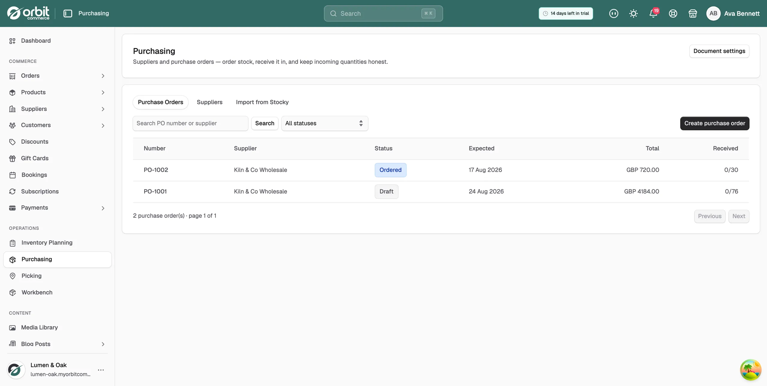The Purchase Orders list after an import, with each order's number, supplier, status, expected date and received count