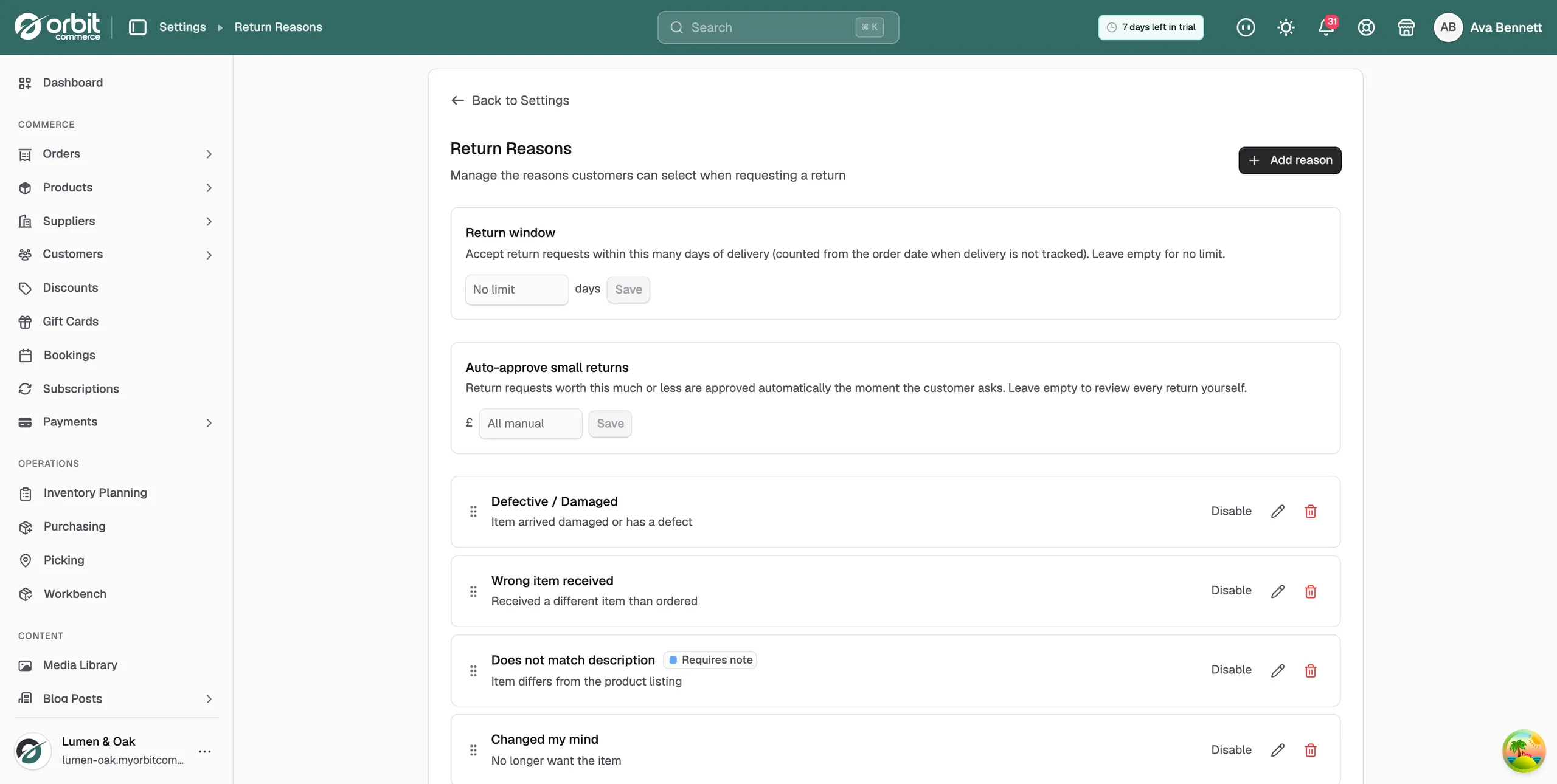 The list of eight standard return reasons, each with Disable, edit and bin buttons