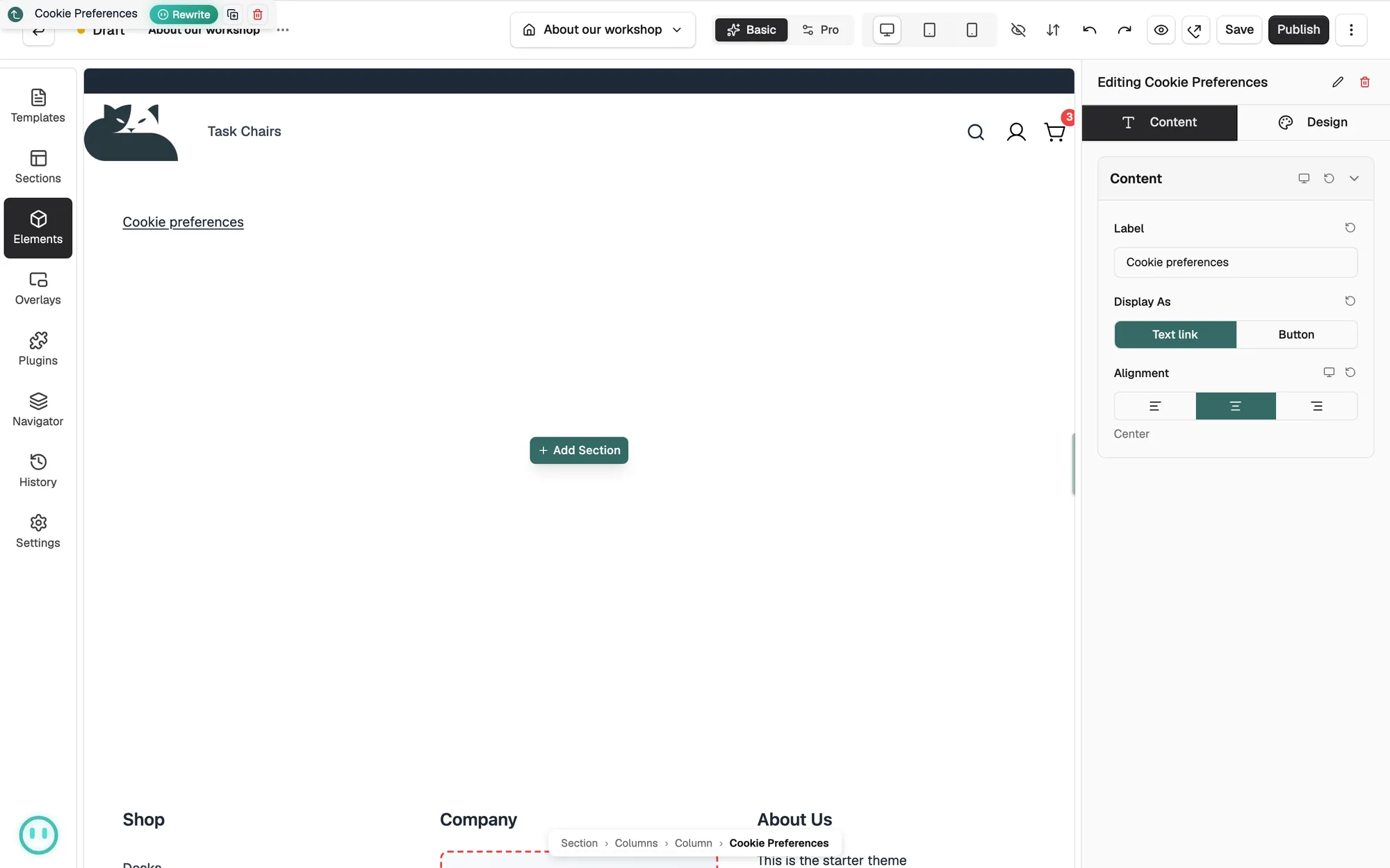 A Cookie preferences link on the canvas with the Label, Display As and Alignment settings on the right.