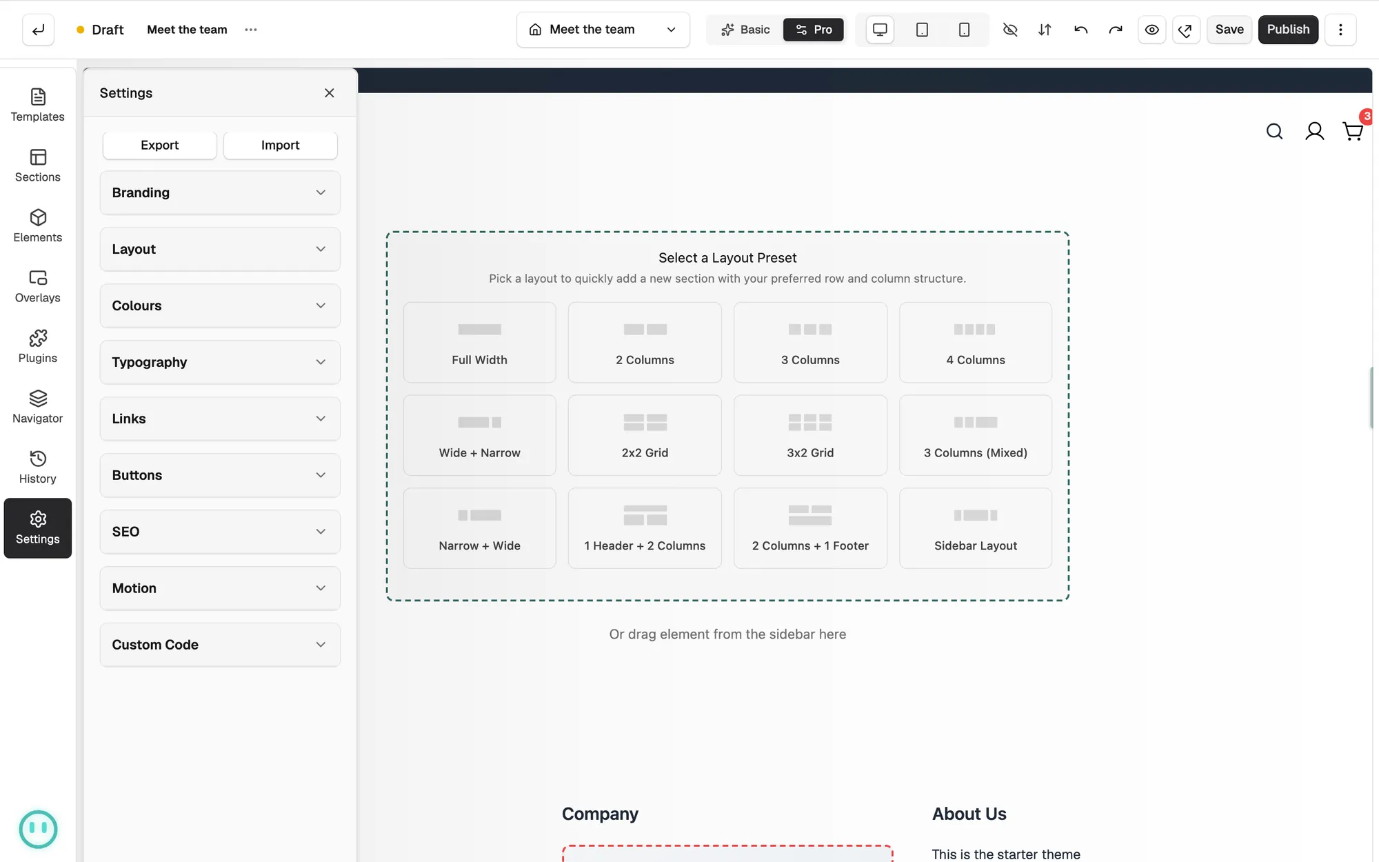The Settings tab with the Export and Import buttons above the style groups.