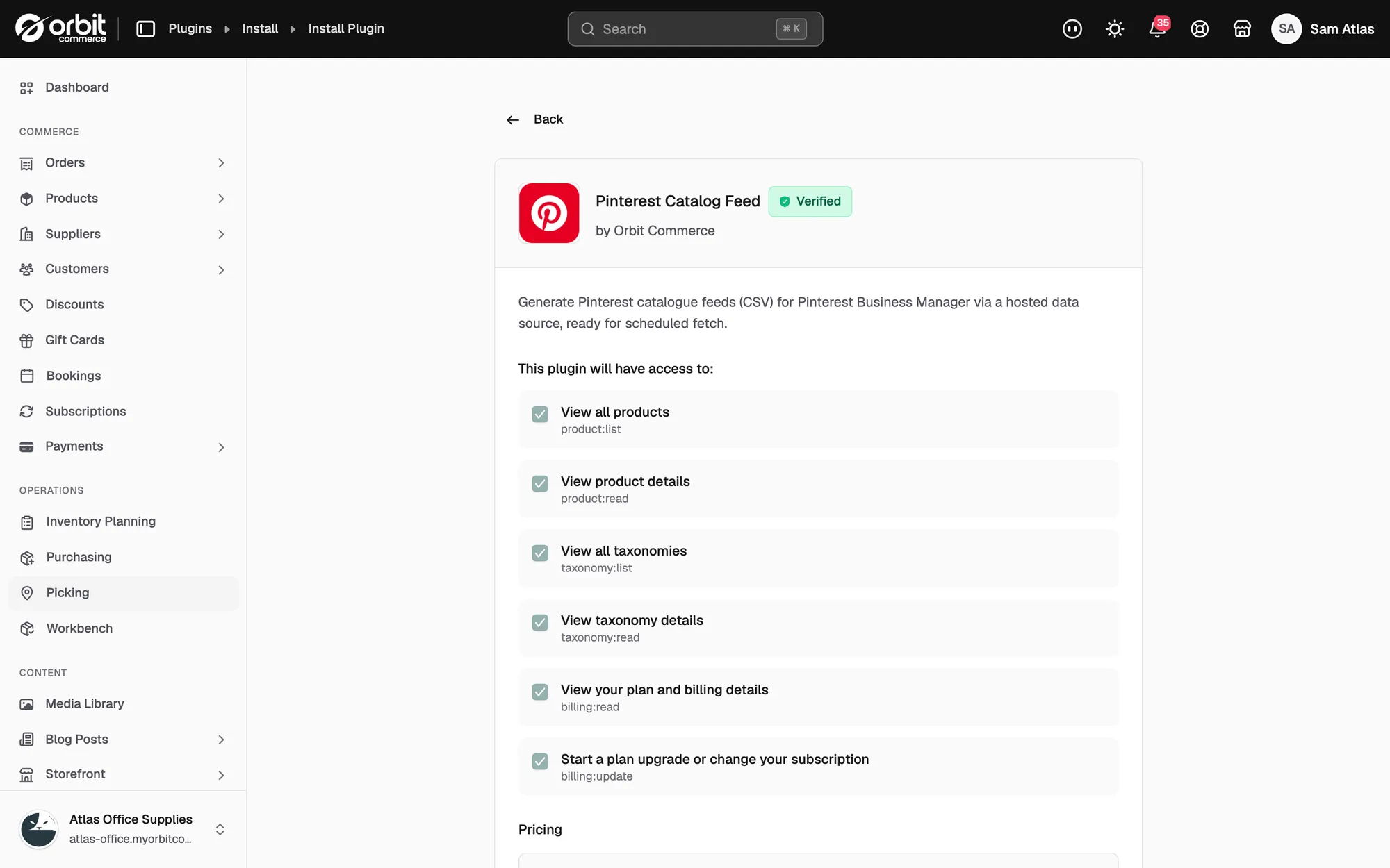 The Pinterest Catalog Feed details page listing the access the plugin is granted when you install it.