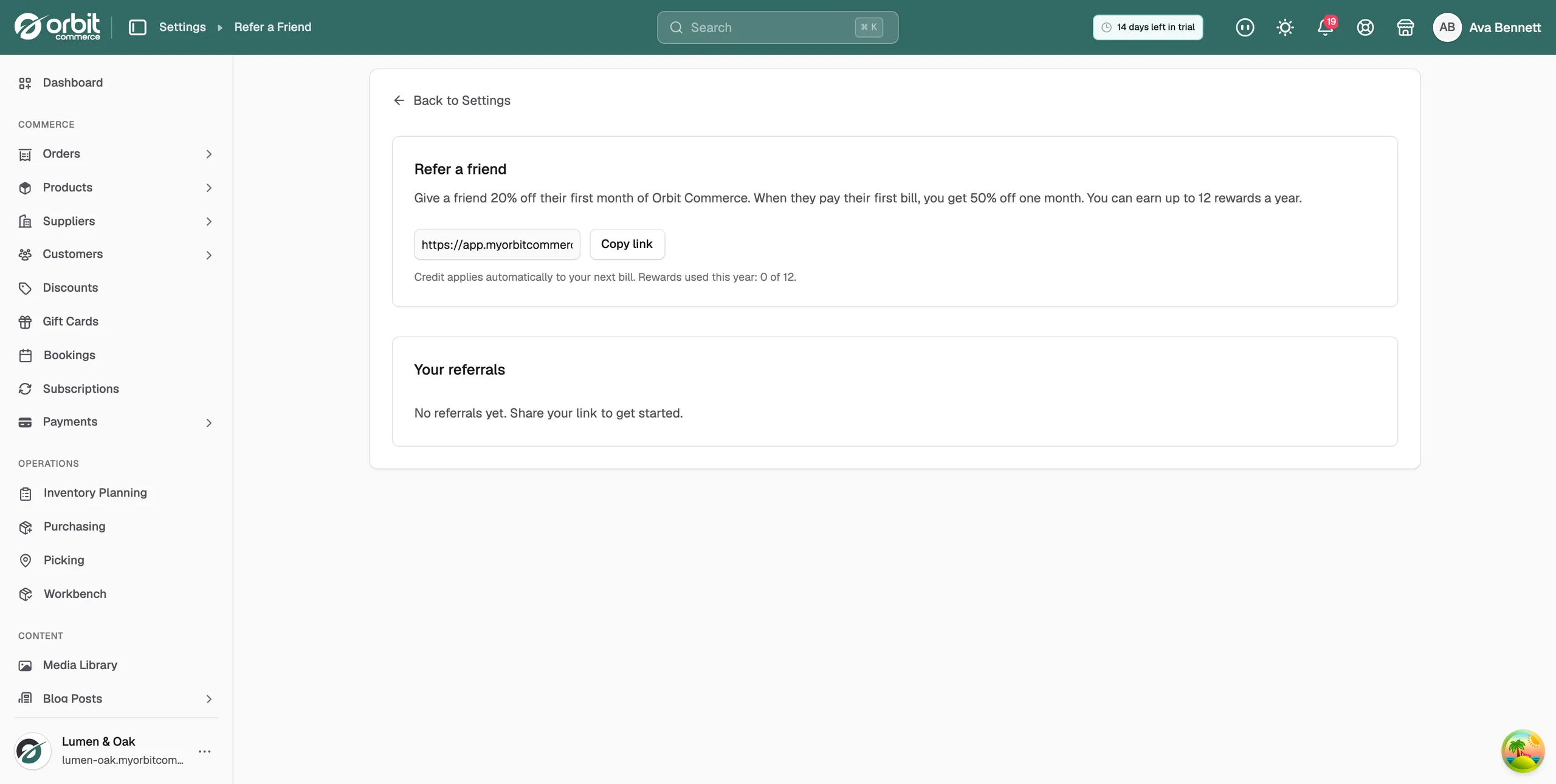 The Refer a friend page with the referral link, the Copy link button and the Your referrals table