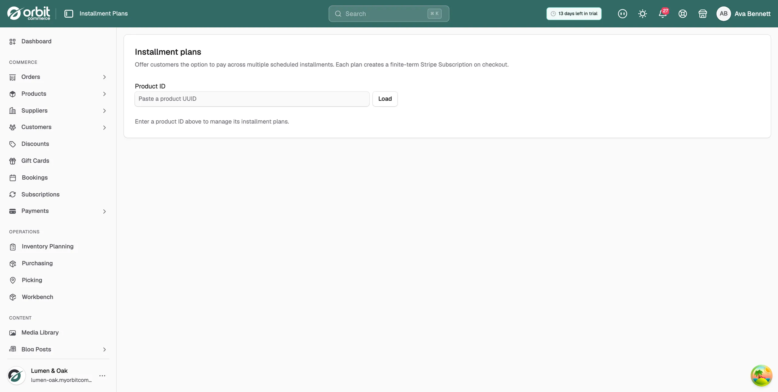 The Installment plans page with the Product ID field and the Load button above the list of plans