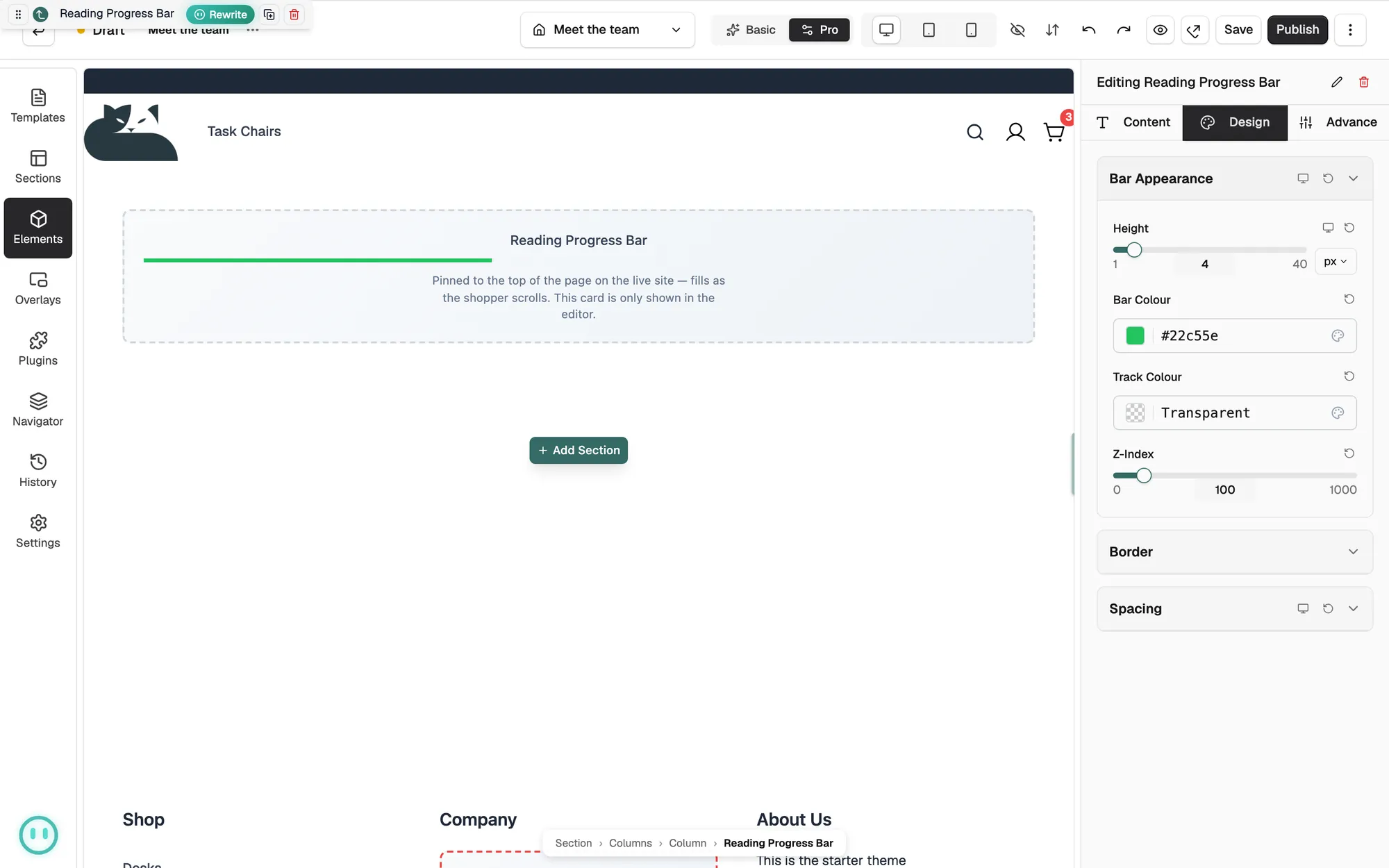The Bar Appearance group open on the Design tab, with Height, Bar Colour, Track Colour and Z-Index.