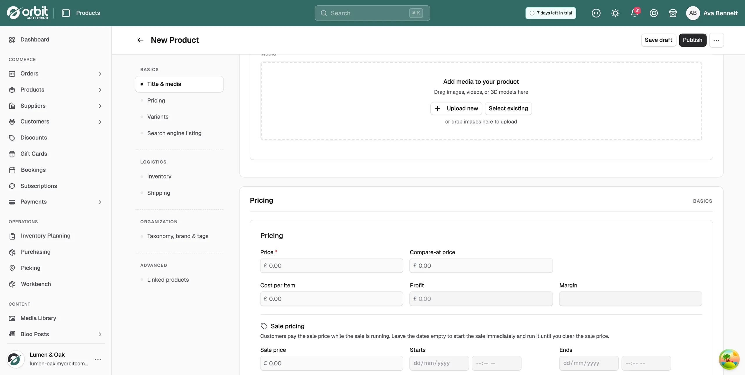 The Media box with the Upload new and Select existing buttons, and the Pricing section with Price, Compare-at price, Cost per item, Profit, Margin and Sale pricing fields