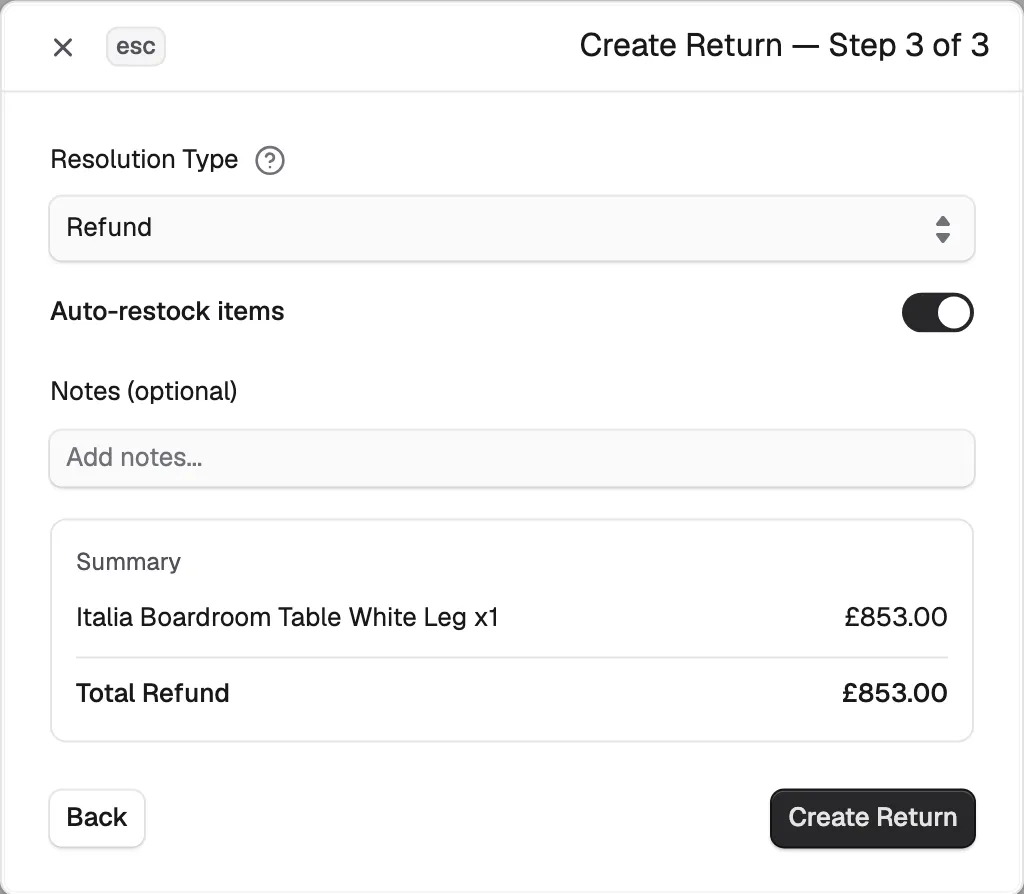 Step 3 of the Create Return window showing the resolution type, the auto-restock switch and the summary.