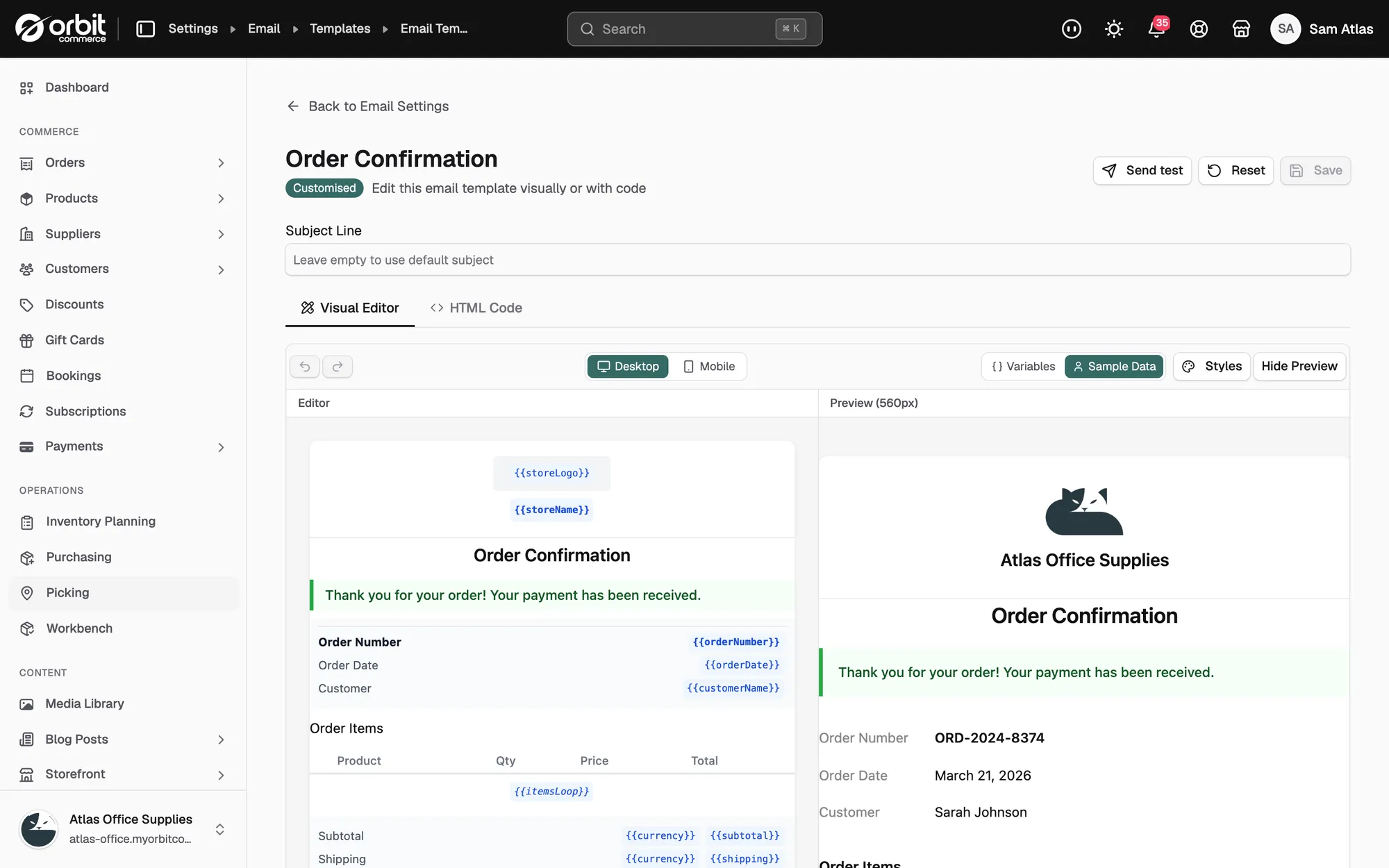 The Order Confirmation template open in the editor, with the subject line, the Visual Editor tab and the live preview.