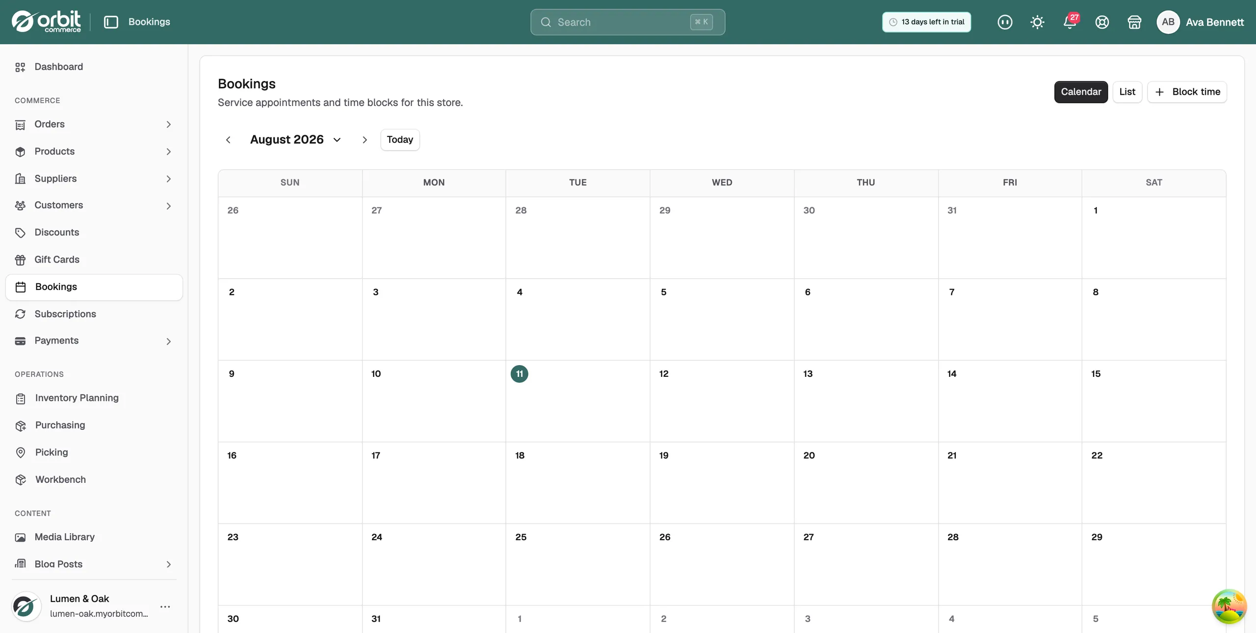 The Bookings page in Calendar view, showing a month grid of appointments with the status legend below it