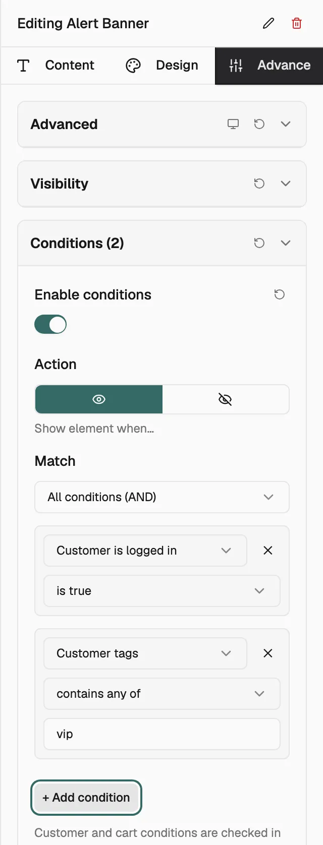 Two conditions on a banner, matched with All conditions (AND).