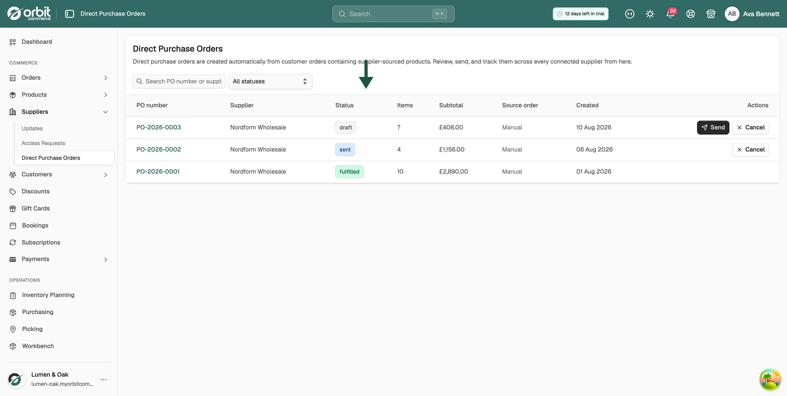 The Direct Purchase Orders list showing orders from every supplier with the search field and status filter