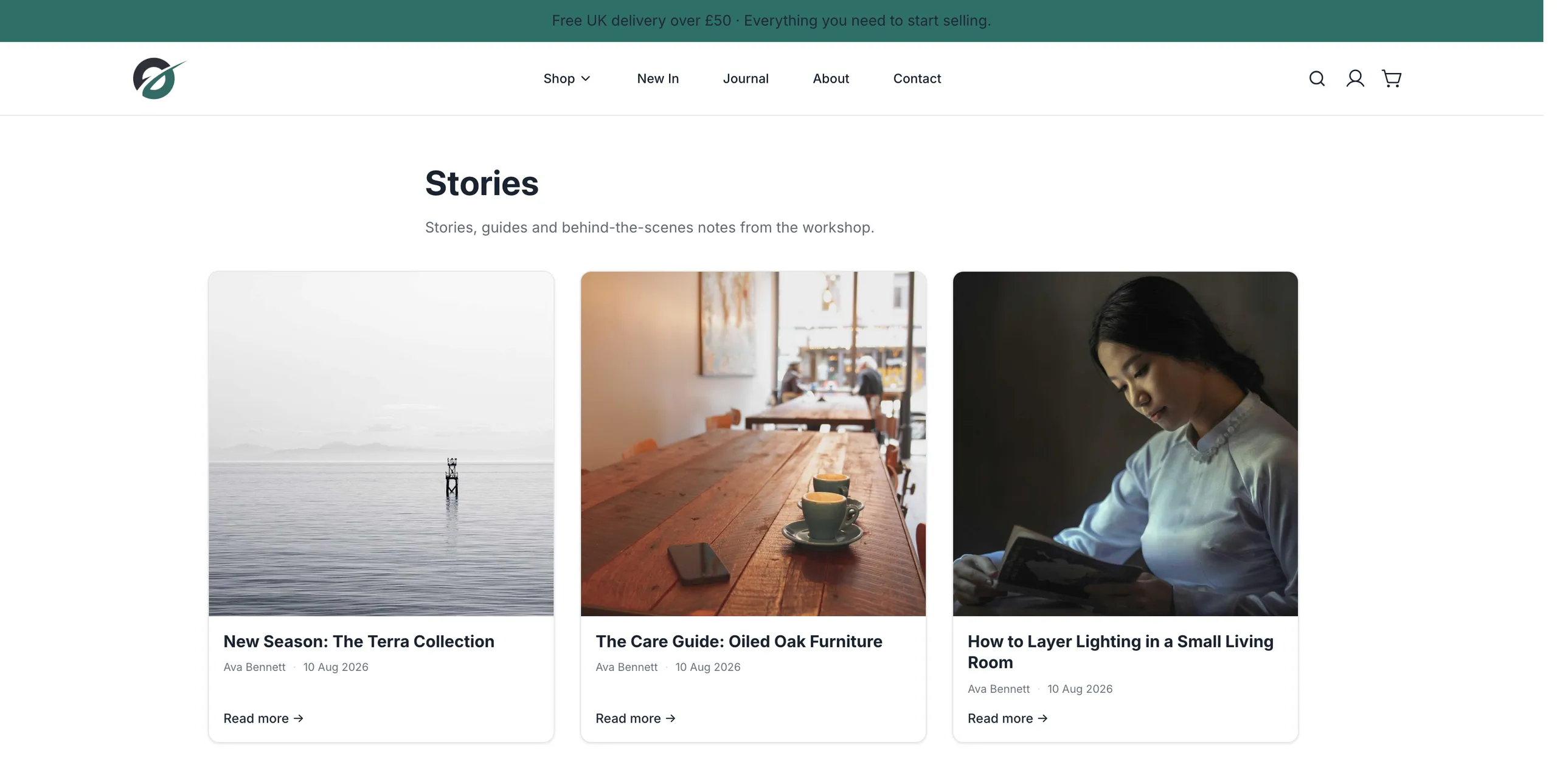 A blog page on the storefront, listing published posts with their title, date and author