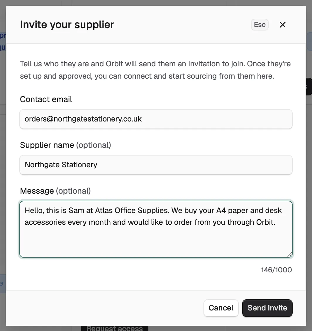 The Invite your supplier window with a contact email, supplier name and message filled in.