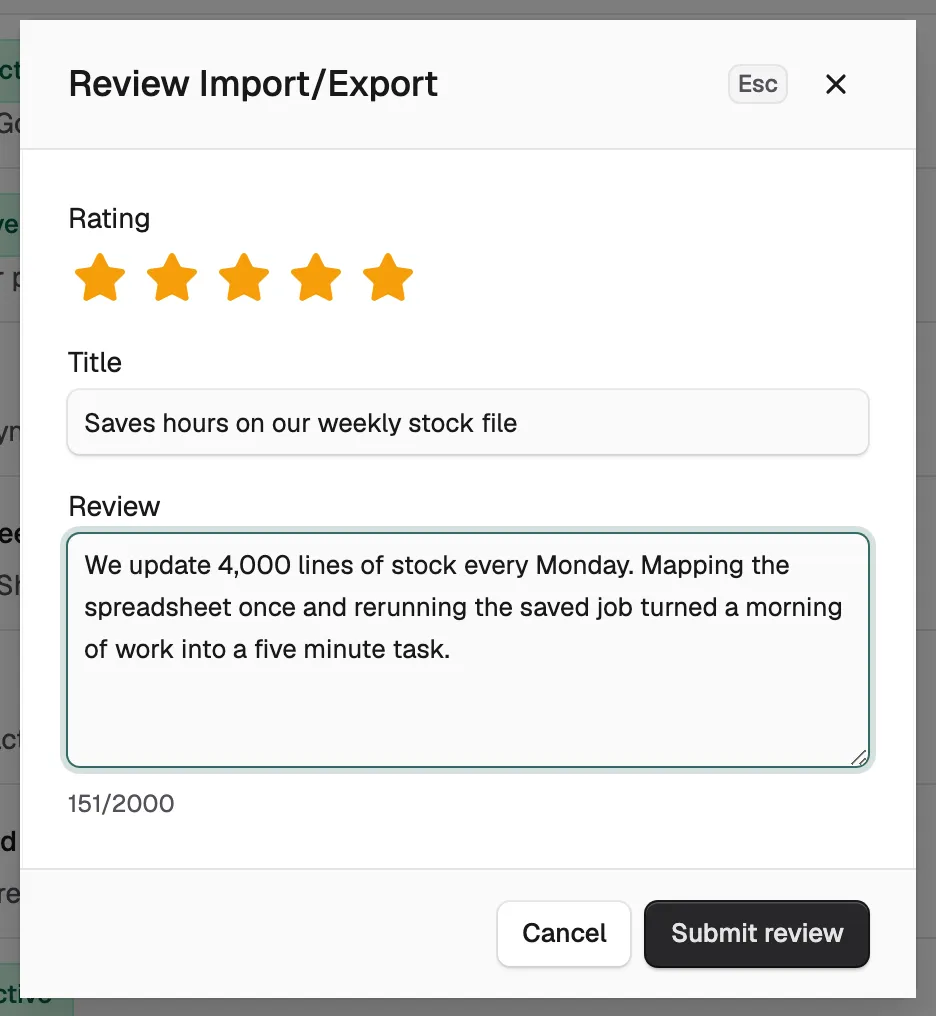 The review window for a plugin with five stars picked and a title and review filled in.