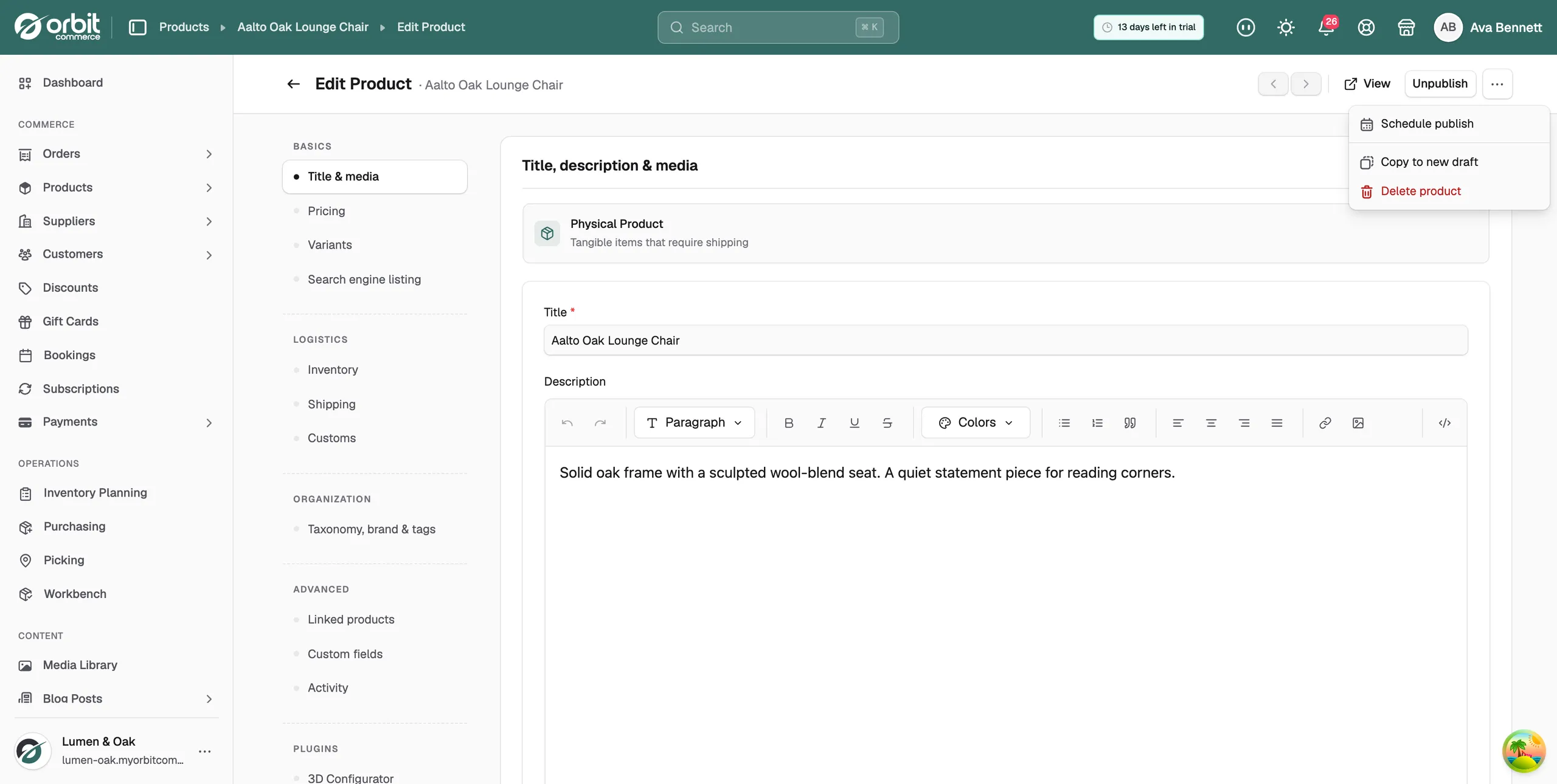 The three-dot menu at the top right of the product editor, open to show Schedule publish, Copy to new draft and Delete product