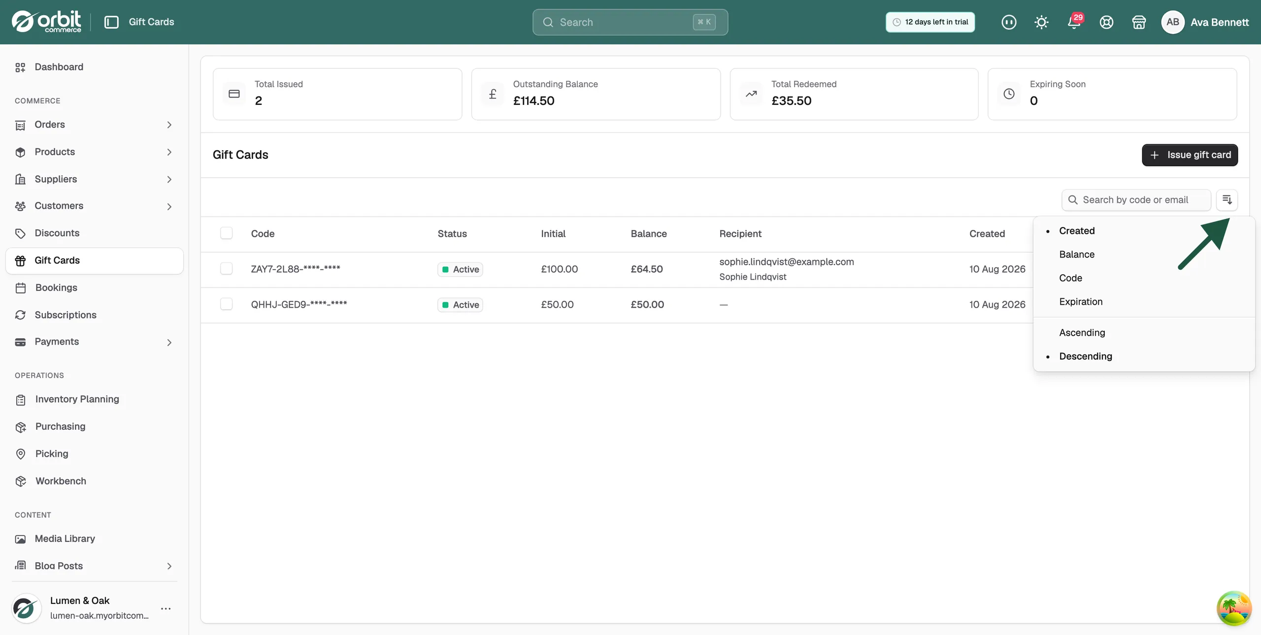 The sort menu open on the Gift Cards page, showing Created, Balance, Code and Expiration above Ascending and Descending