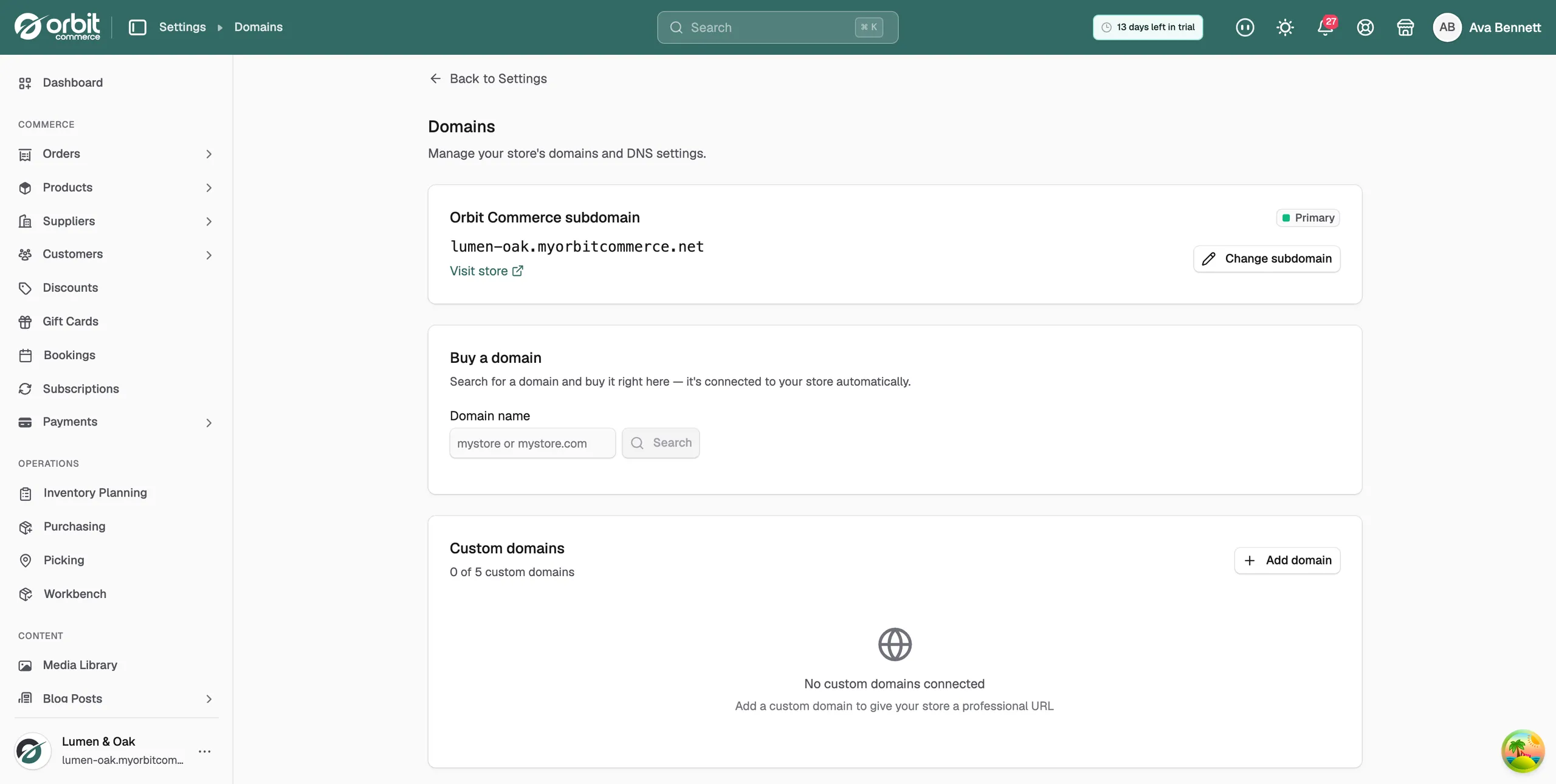 The Domains page showing the Orbit Commerce subdomain, Buy a domain and Custom domains sections