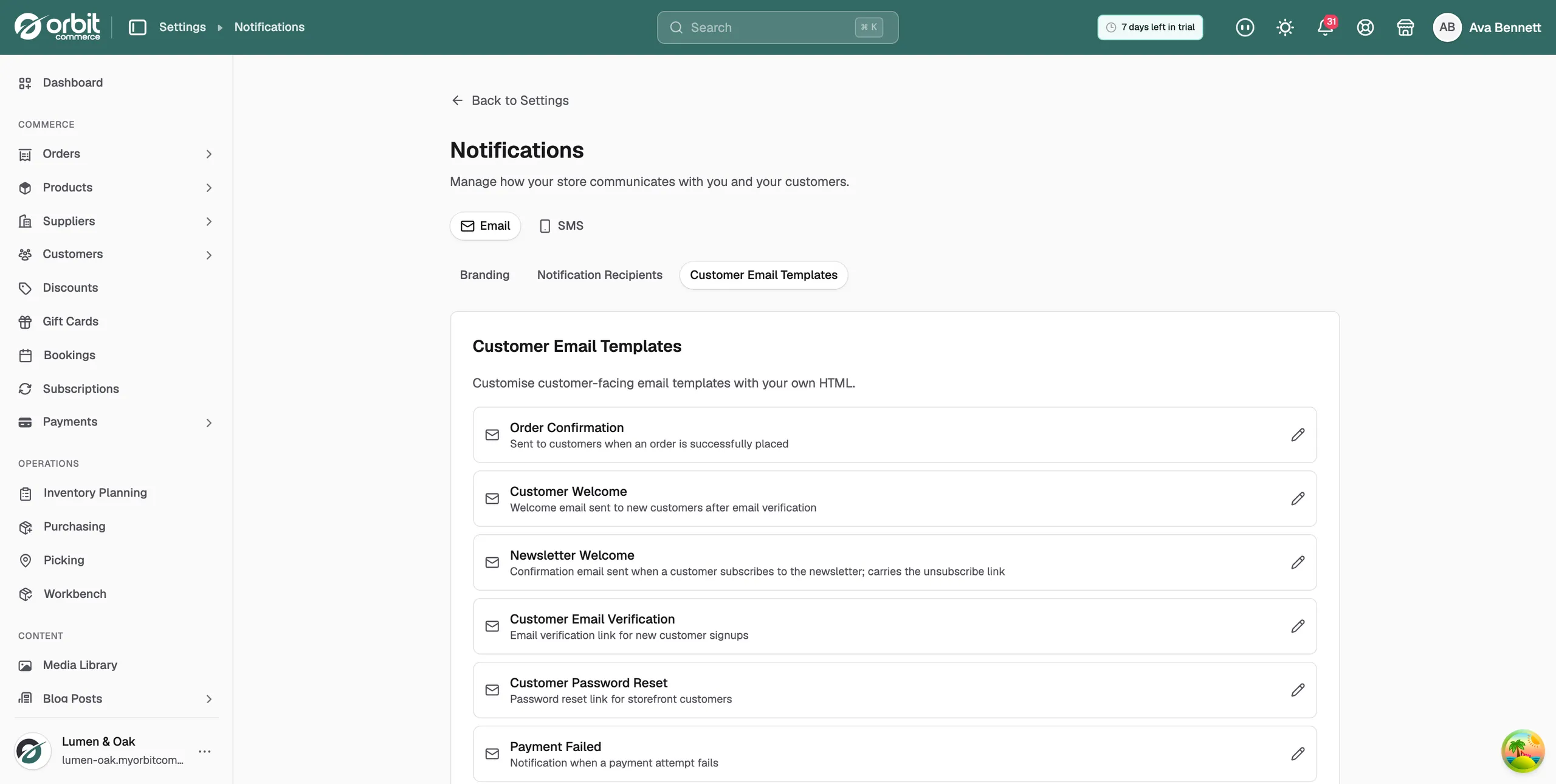 The Customer Email Templates tab listing each template with a pencil icon