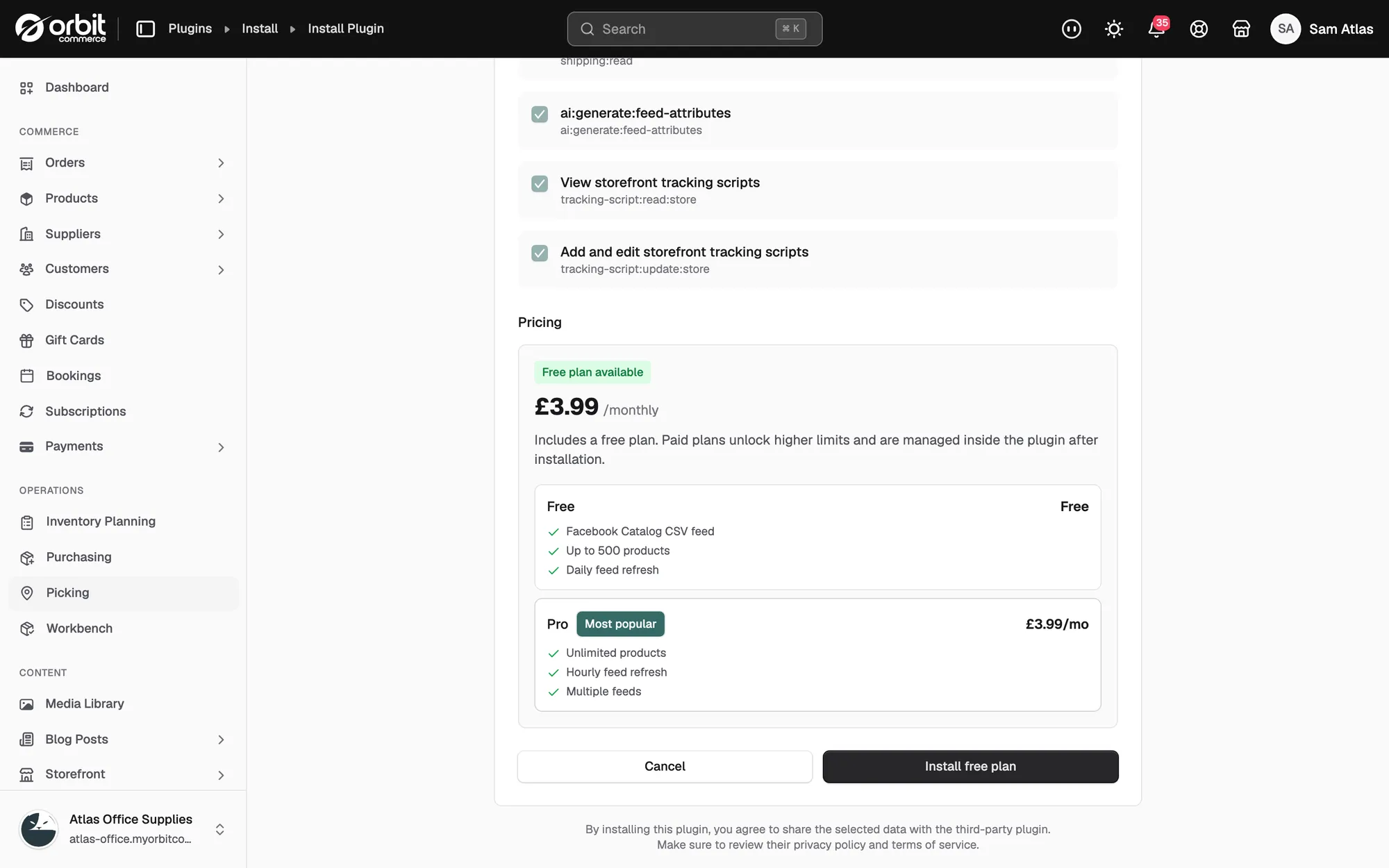 The Pricing section of a plugin details page, with a free plan, a Pro plan and an Install free plan button.