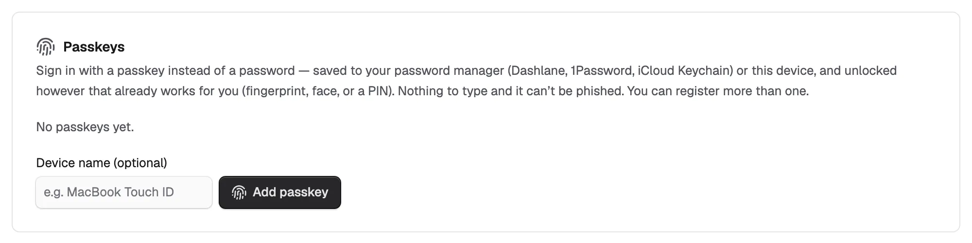 The Passkeys card on the Security Settings page, with the Device name field and the Add passkey button.