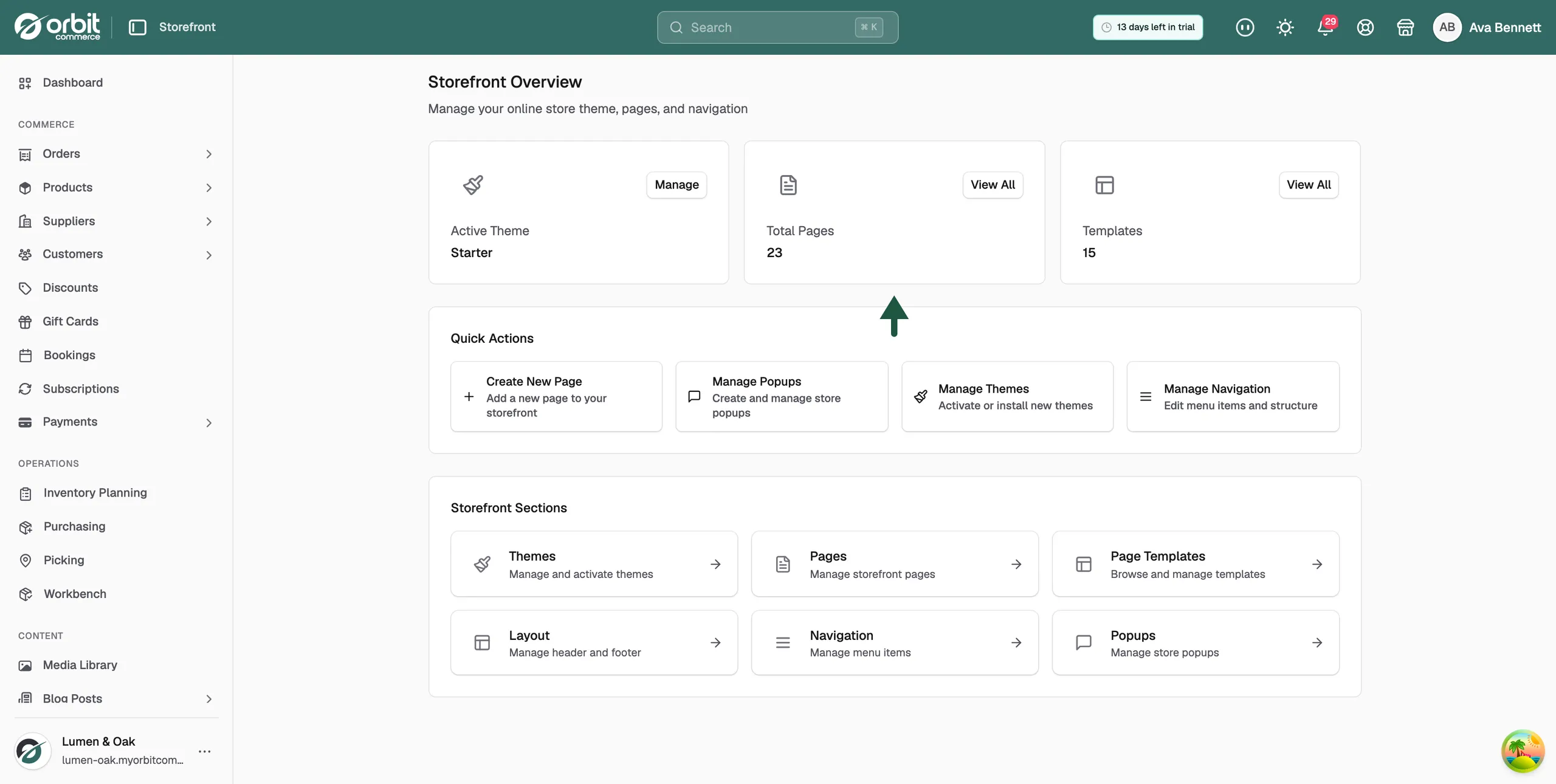 The Storefront Sections grid, linking to Themes, Pages, Templates, Navigation and Popups