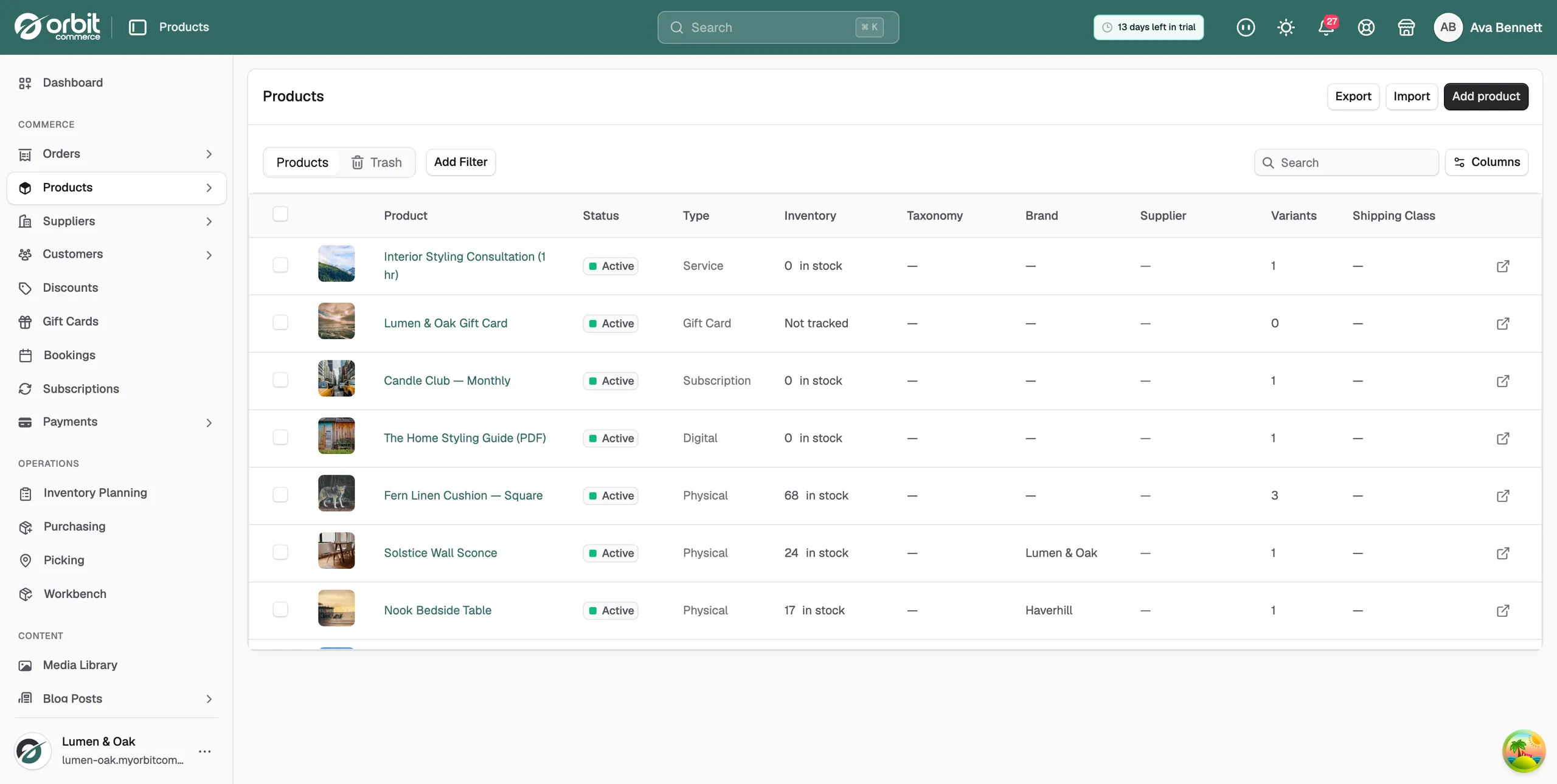 The Products page in the Orbit dashboard, with the Export, Import and Add product buttons at the top right of the product list