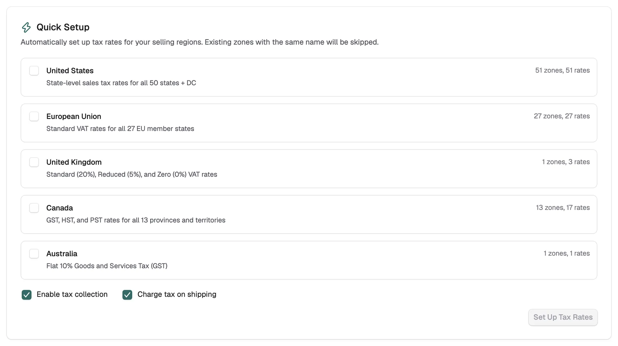 The Quick Setup card on the Tax Settings tab, with a tick box for each selling region.