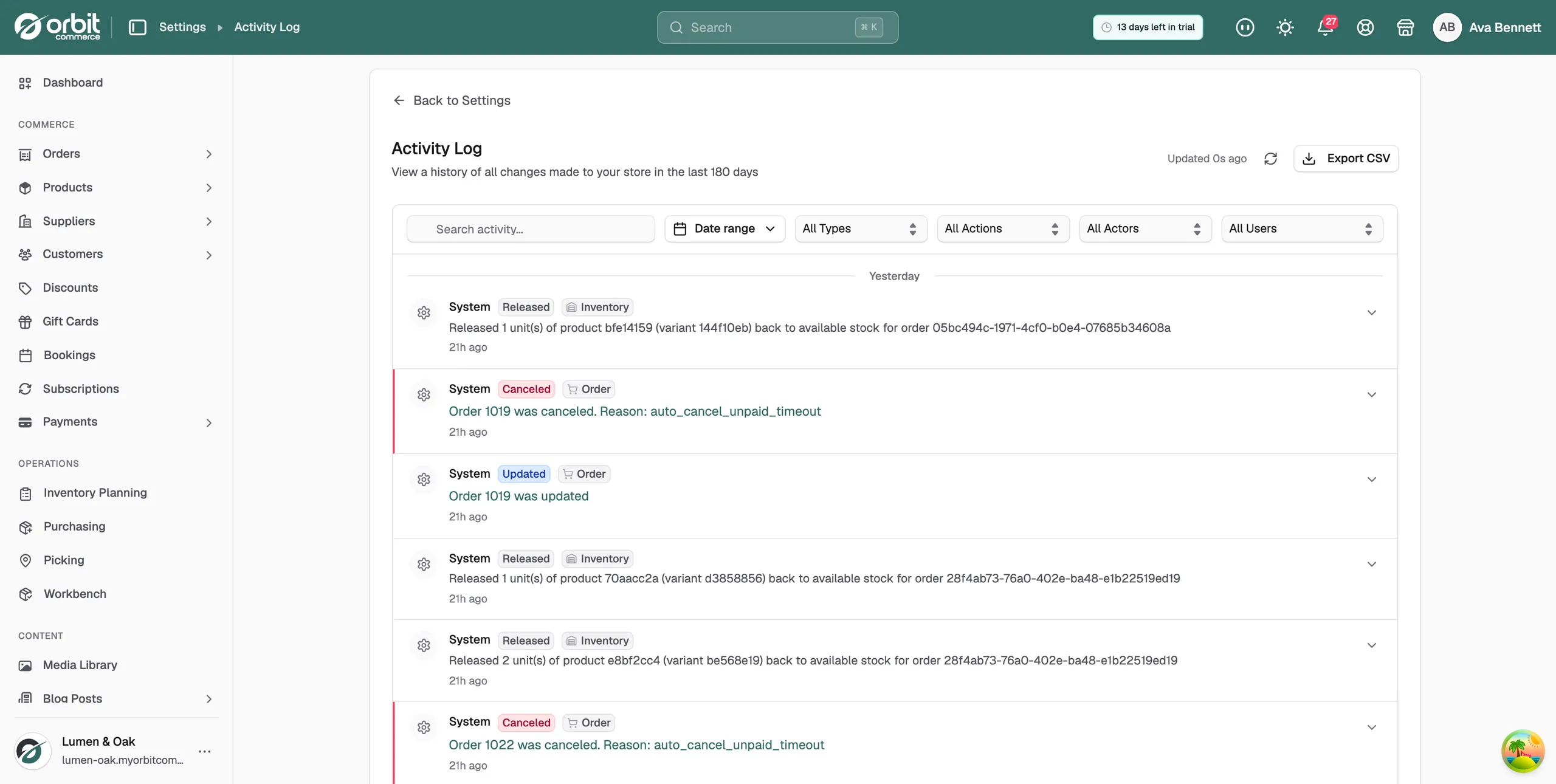 The Activity Log page with the search box, filters and a list of entries grouped by day