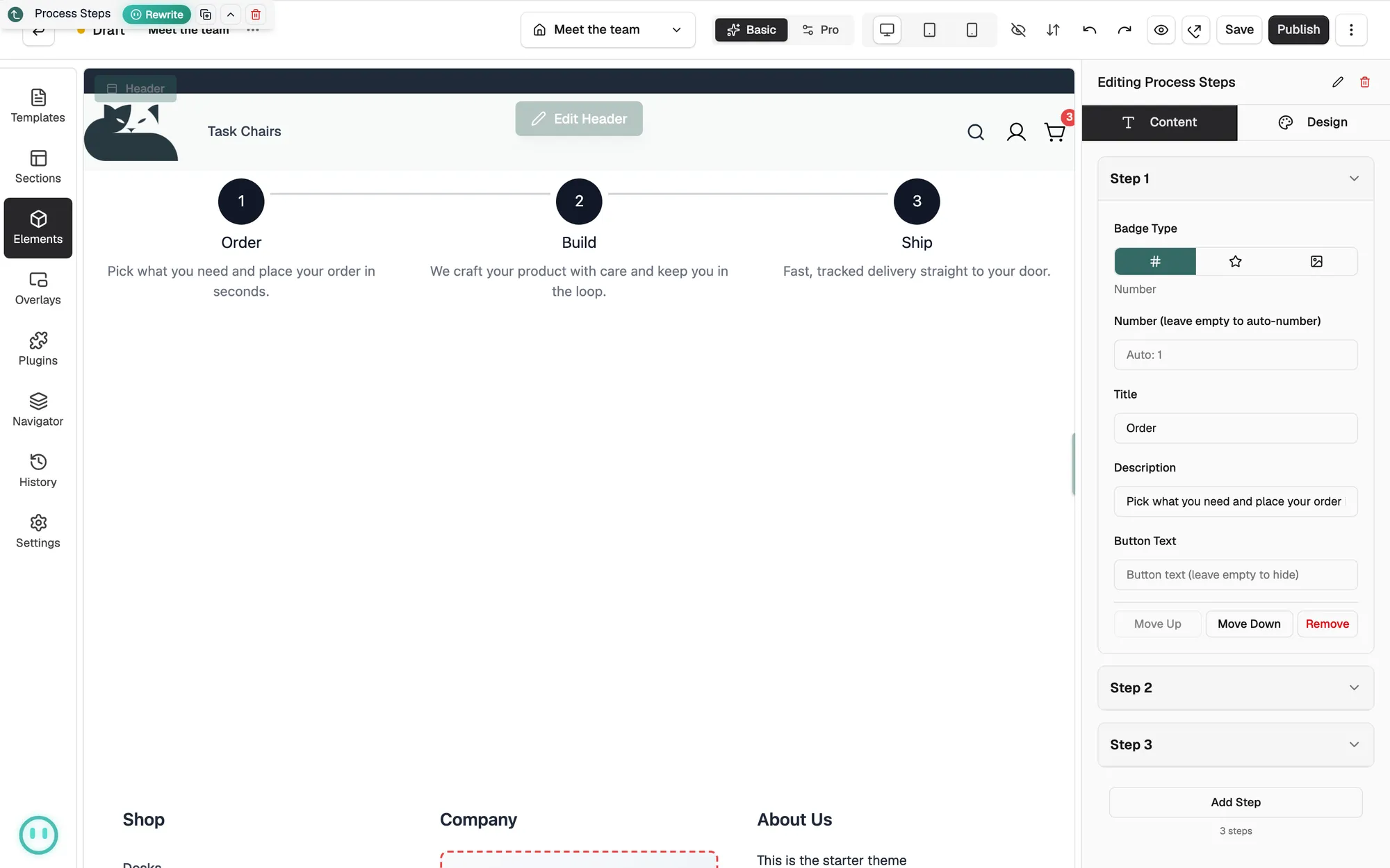 Three process steps on the canvas with Step 1 open on the Content tab.